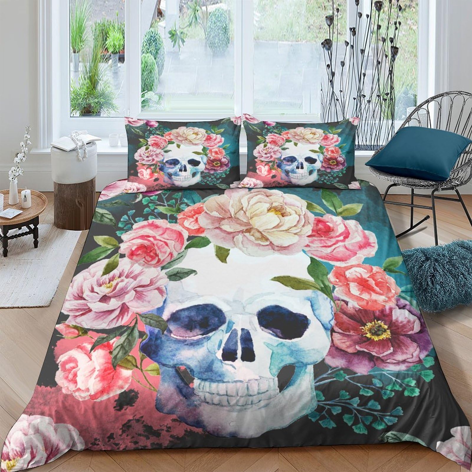 Ctjqhvkz Style-7 3D Printed Skull Floral Fitted Sheet Microfiber Soft Colorful Rose Bed Cover Anti-Slip Decorative For Bedroom Guestroom Single（135X200cm）