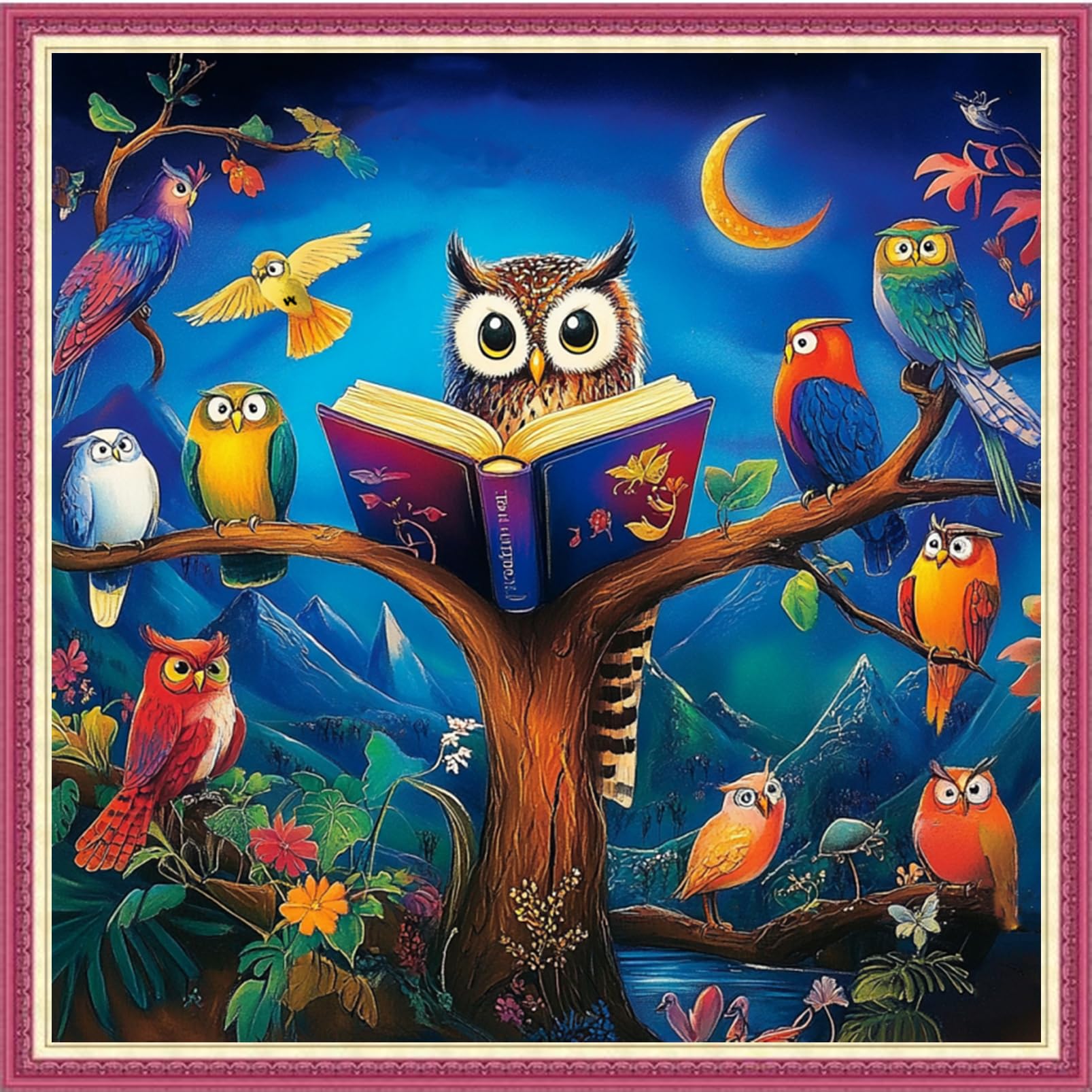 Fanxvivy Stamped Cross Stitch Kits for Beginners Full Range of Cross Stitching Preprinted Embroidery Kits for Adults, 11CT Embroidery Pattern Needlepoint Kits-Moon Night Owl 18×18 inch