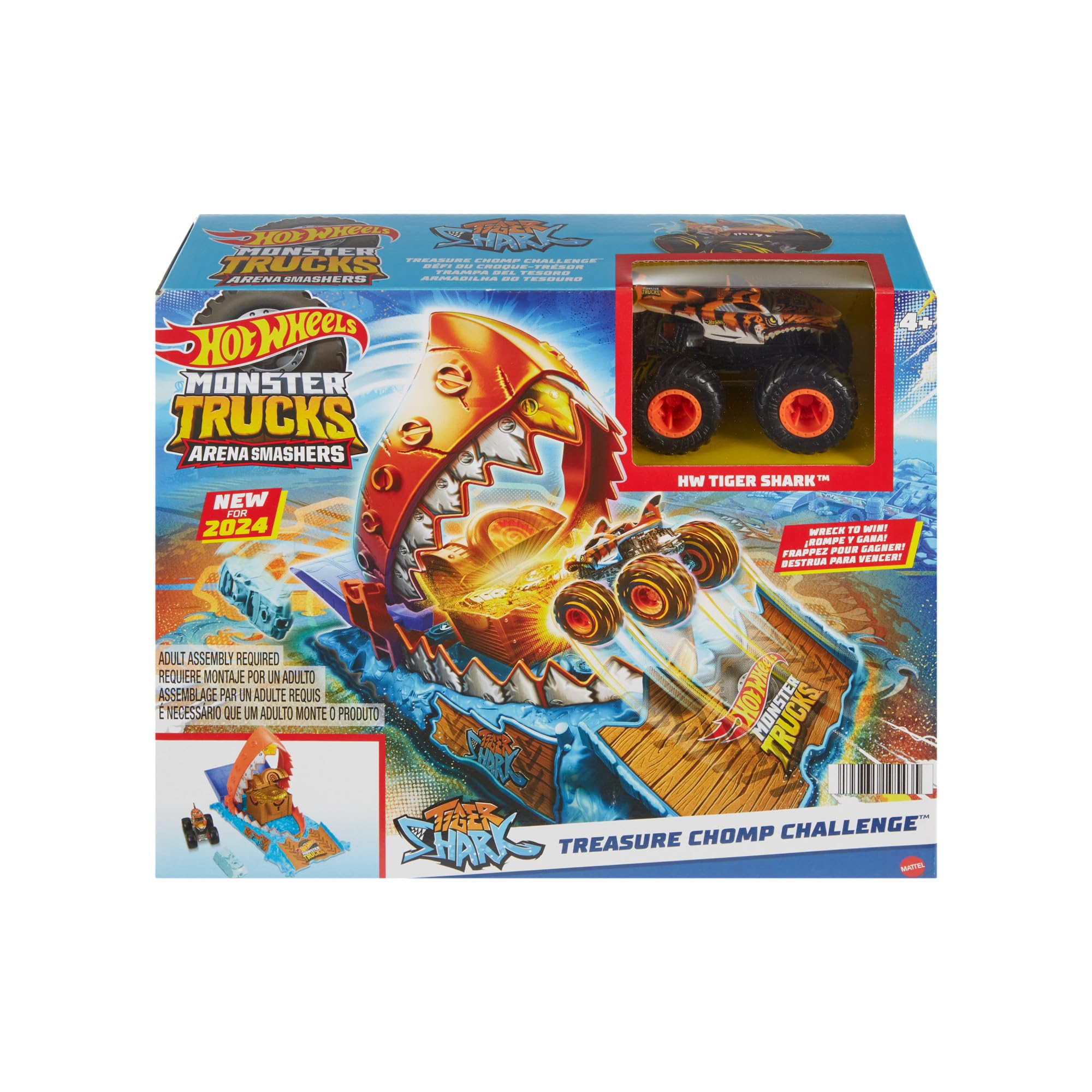 Hot Wheels Monster Trucks - Sfida del Morso per il Tesoro, playset Arena degli Scontri con MT Tiger Shark in scala 1:64 e 1 macchinina schiacciata, giocattolo per bambini, 4+ anni, HTP17