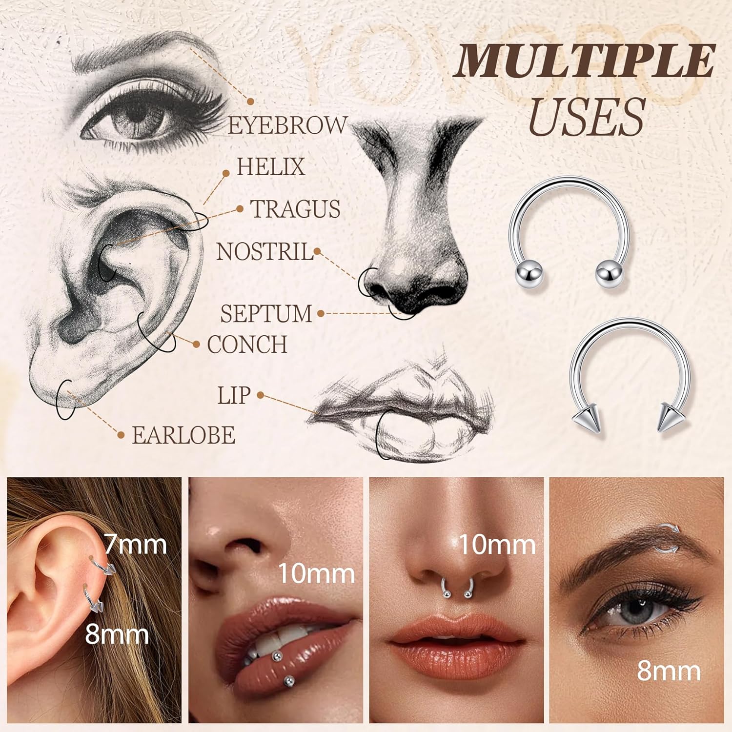 8Pcs 14G 16G 18G 20G Horseshoe Septum Nose Ring Helix Cartilage Earrings Hoops Hypoallergenic Tragus Daith Eyebrow Lip Ring Smily Piercing Jewelry Replacement Ball Spikes 7-12MM - Image 5