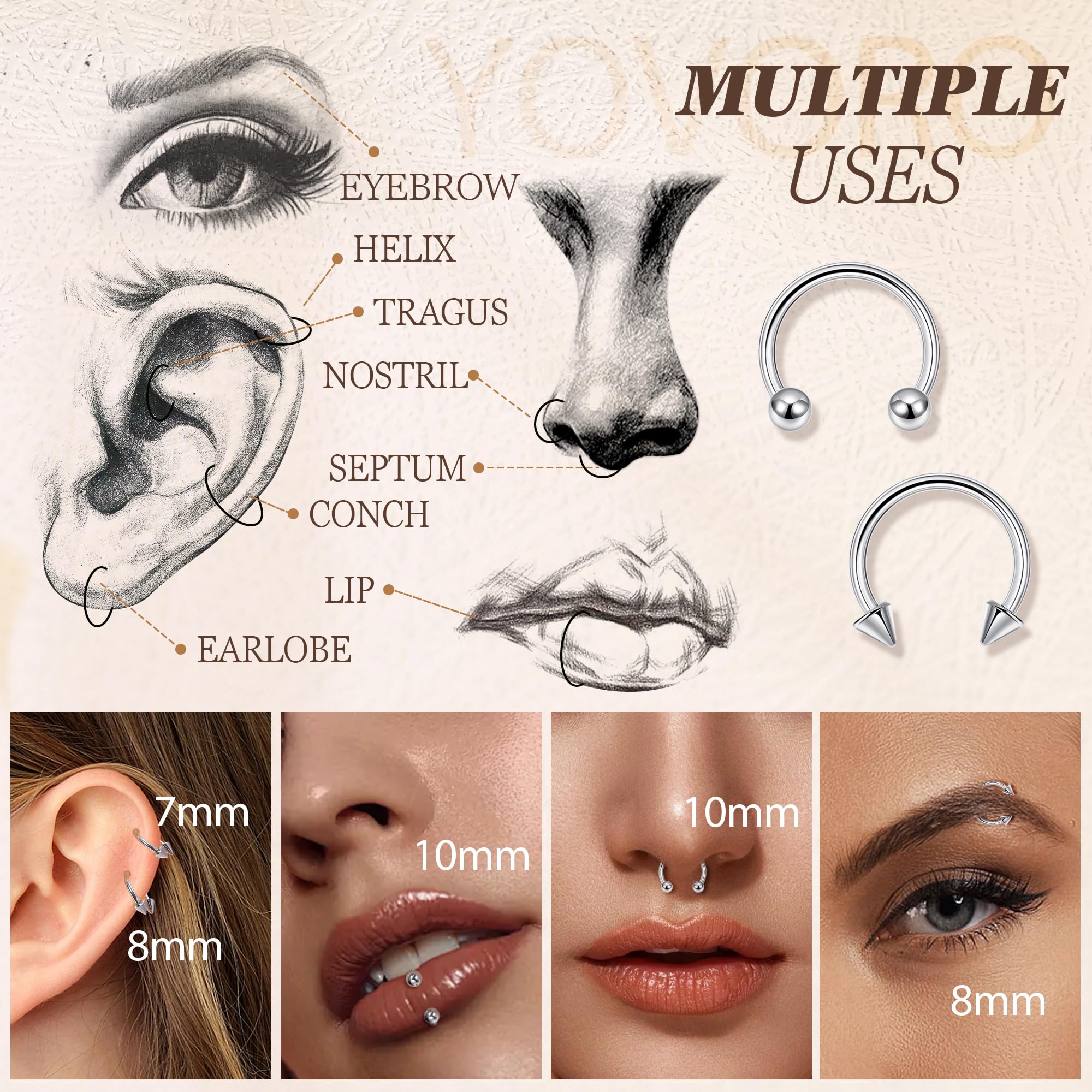 8Pcs 14G 16G 18G 20G Horseshoe Septum Nose Ring Helix Cartilage Earrings Hoops Hypoallergenic Tragus Daith Eyebrow Lip Ring Smily Piercing Jewelry Replacement Ball Spikes 7-12MM: Silver + Black 20G