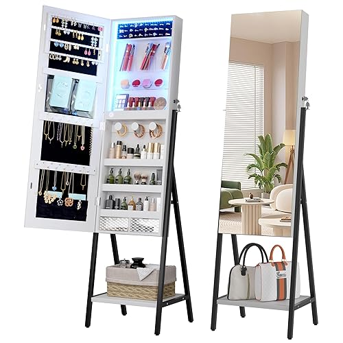 LVSOMT 3 LEDs Mirror Jewelry Cabinet, 60.4" Jewelry Mirror Full Length, Standing Lockable Jewelry Armoire Organizer, Floor Mirror with Storage for Jewelry Cosmetics, White - White