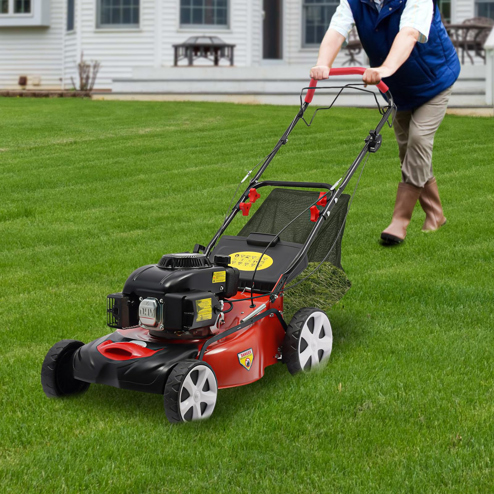 Cortacésped de gasolina 4 kW 140 cc 4 tiempos, ancho de corte de 51 cm, tracción autopropulsada, cesta de 60 litros, 8 alturas de altura regulable 25-75 mm, para jardines medianos y grandes