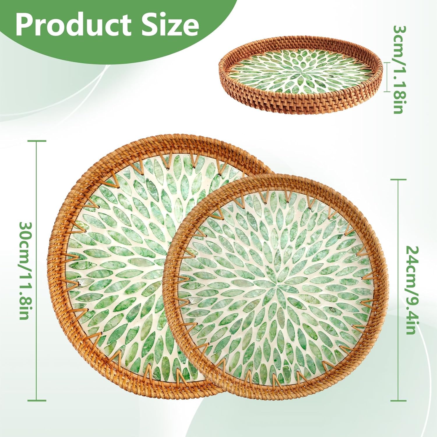 2pcs Round Rattan Tray with Mother of Pearl Inlay, Serving Trays with Wooden Base, Woven Wicker Basket for Kitchen Coffee Table Decor, Storage and Display of Bread Fruit (9.4in, 11.8in) - Image 2