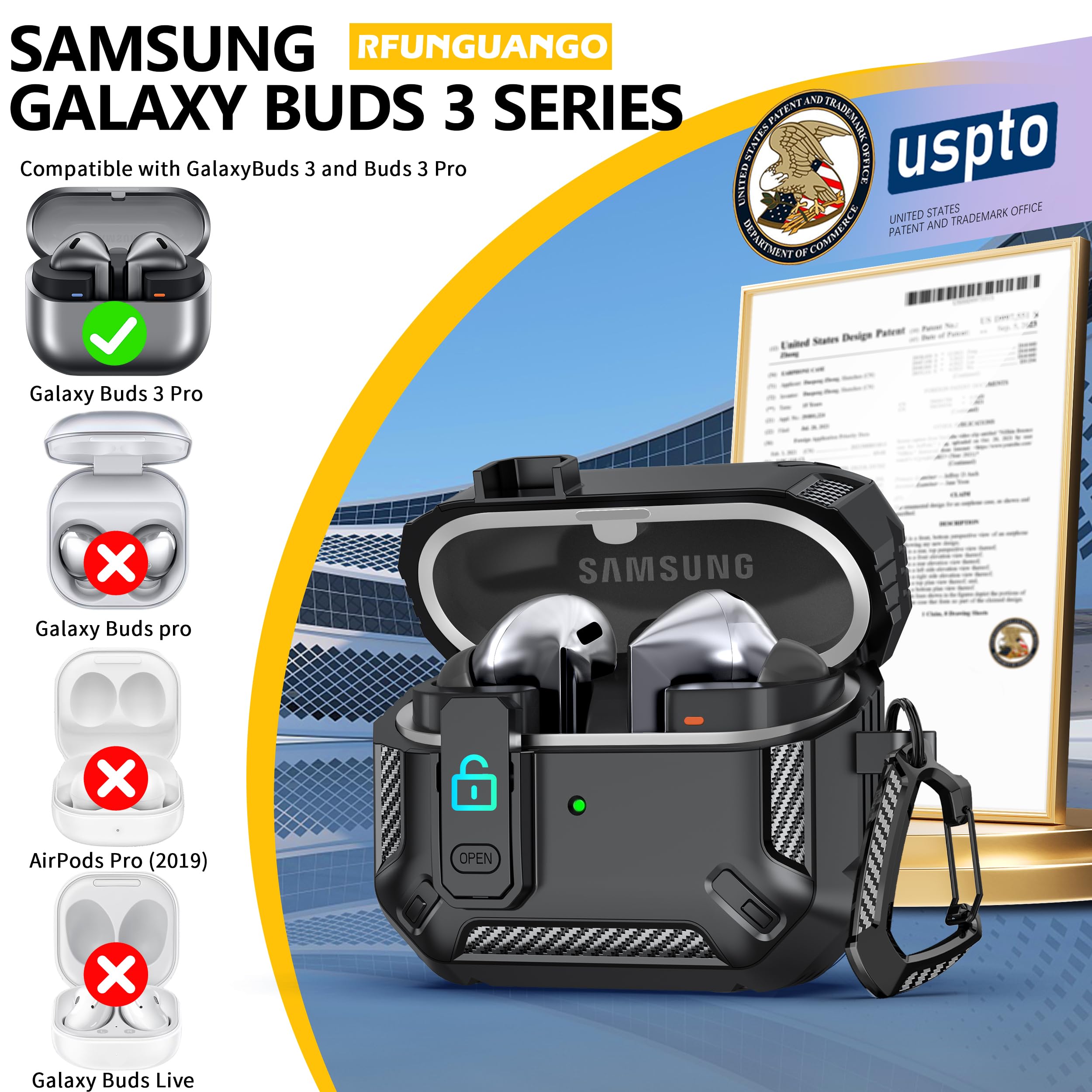 per Samsung Galaxy Buds3/Galaxy Buds3 Pro (2024) con chiusura di bloccaggio, custodia per cuffie anticaduta di livello militare con fibbia da trekking e kit di pulizia-Nero