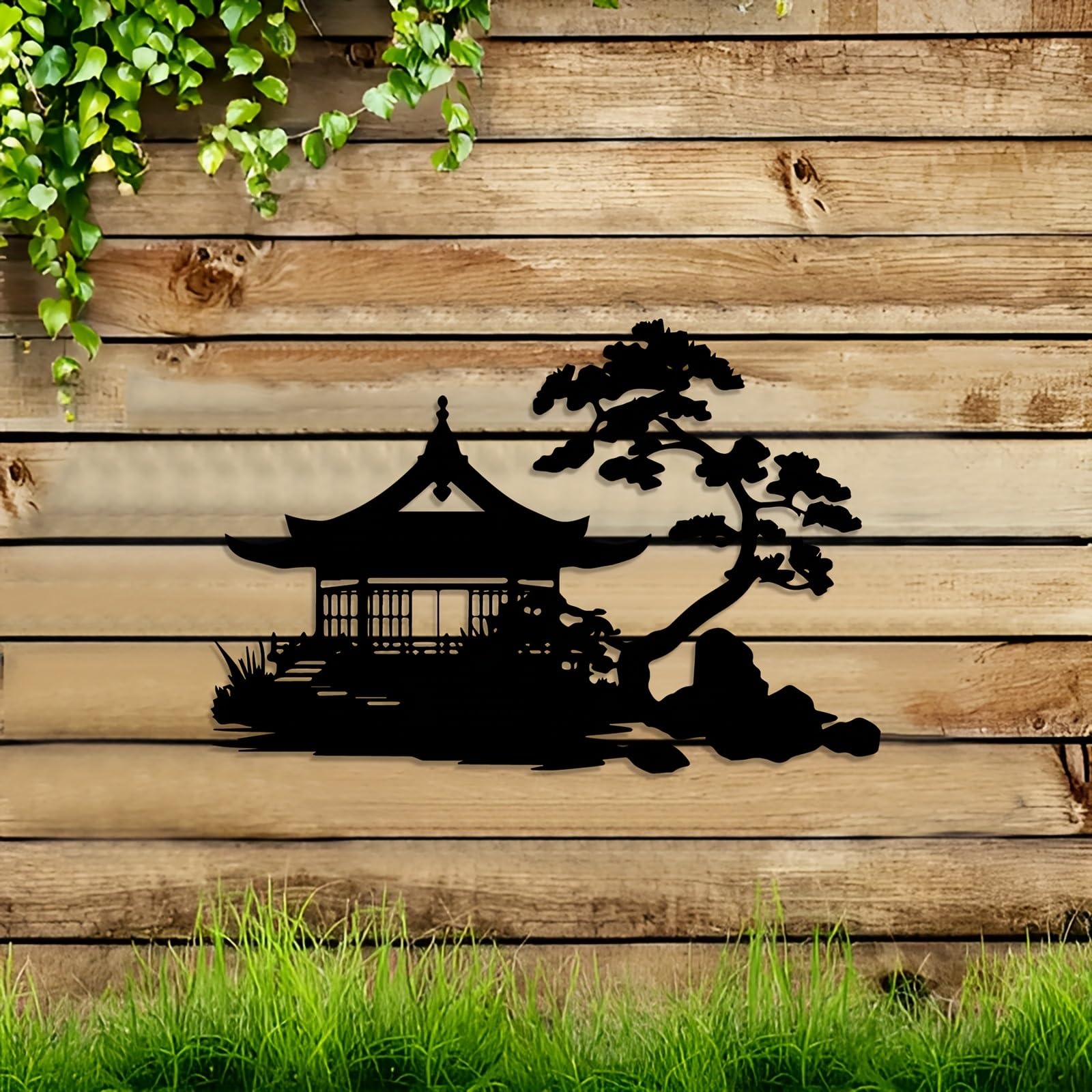 Decoración de pared abstracta contemporánea de metal con puerta Torii japonesa y árbol de pino bonsái - Hierro tradicional para uso interior/exterior, jardín zen, patio, sala de estar, para colga