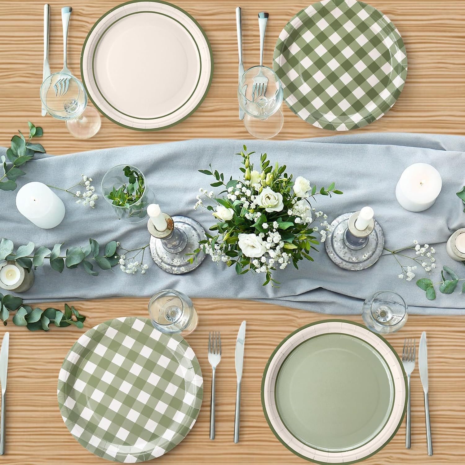 60 Pcs Sage Green Gingham Paper Dessert Plates 9 Inch Disposable Checkered Plaid Dinner Plates for Birthday Baby Shower Wedding Camping Themed Party Supplies, 4 Styles - Image 5