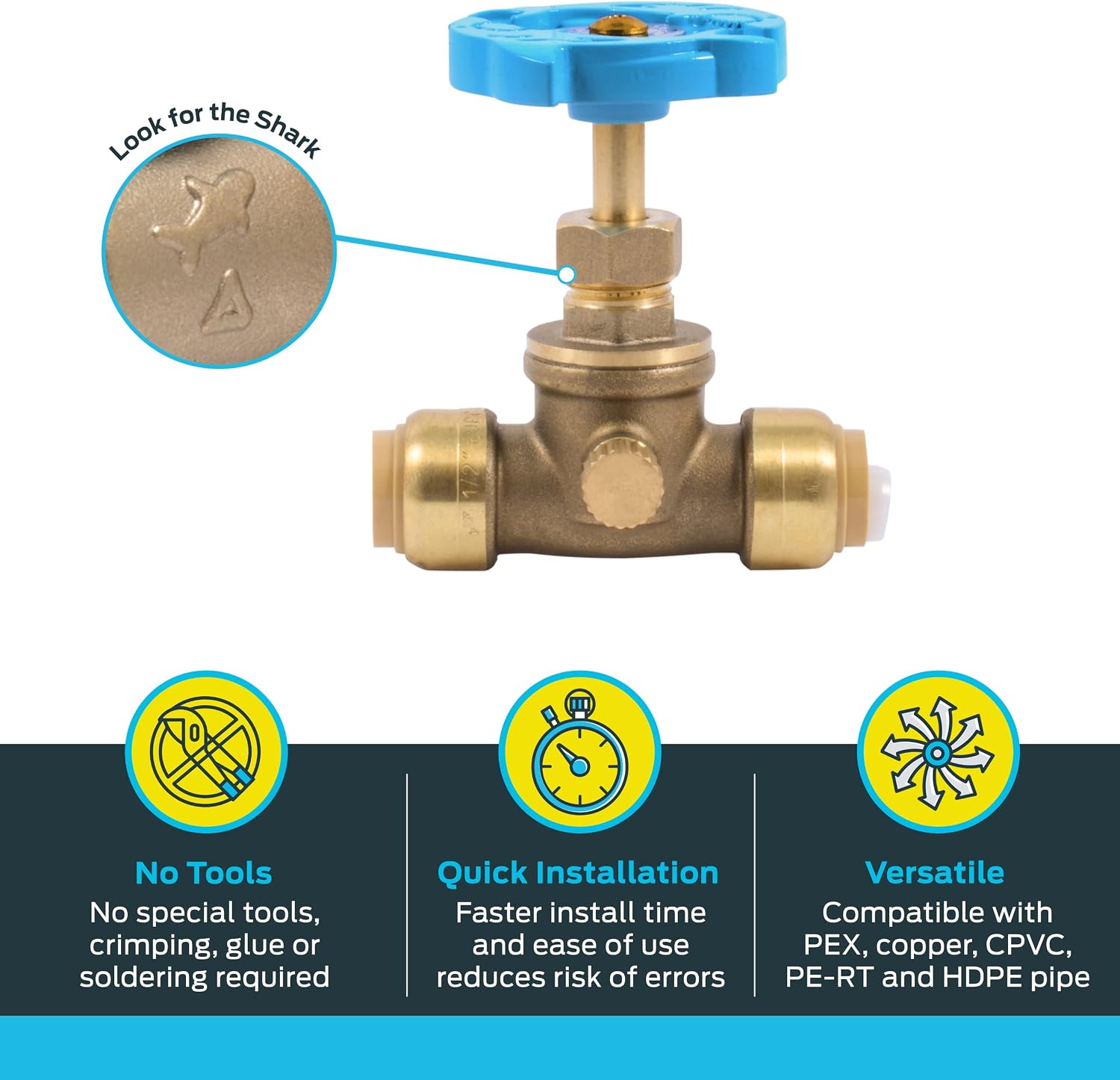 SharkBite 1/2 Inch Stop Valve with Drain and Vent, Push to Connect Brass Plumbing Fitting, PEX Pipe, Copper, CPVC, PE-RT, HDPE, 24634LF