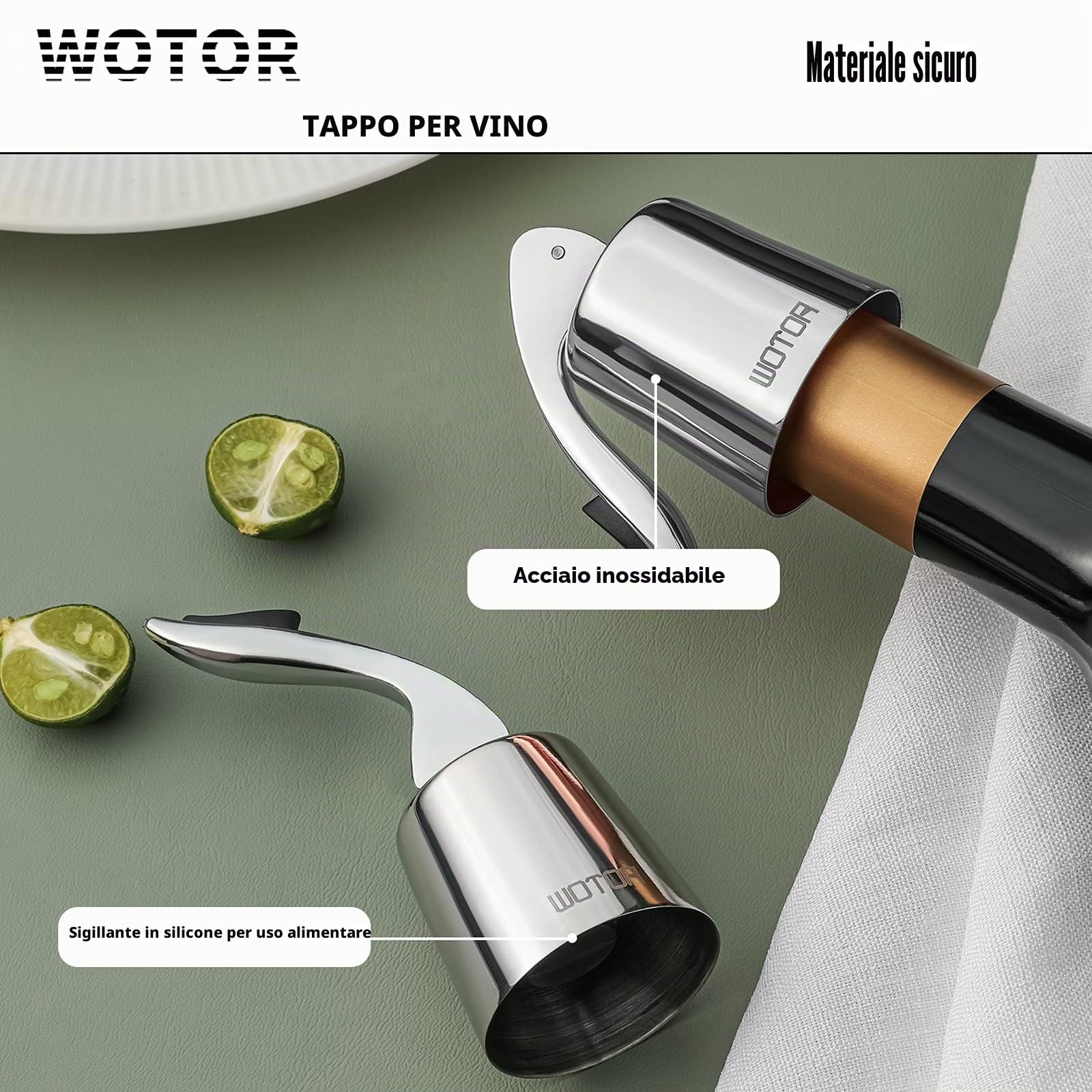 WOTOR Tappi bottiglie vino in acciaio inox, Tappo per vino con guarnizione in silicone, riutilizzabile accessori vino, a prova di perdite, per mantenere il vino fresco, confezione da 6 (argento)