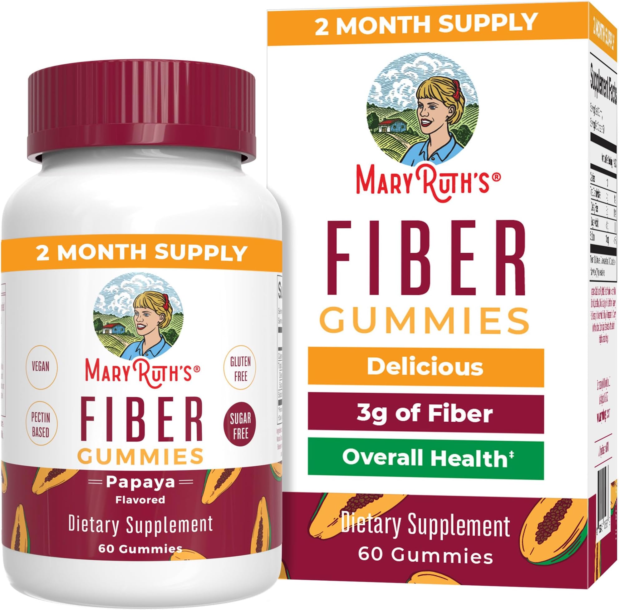 MaryRuth's Fiber Gummies for Adults | 2 Month Supply | Sugar Free | Fiber Gummies Ages 4+ | Fiber Supplement with Prebiotics | Gut Health & Digestion Support | 3g Fiber per Gummy | Vegan | 60 Count