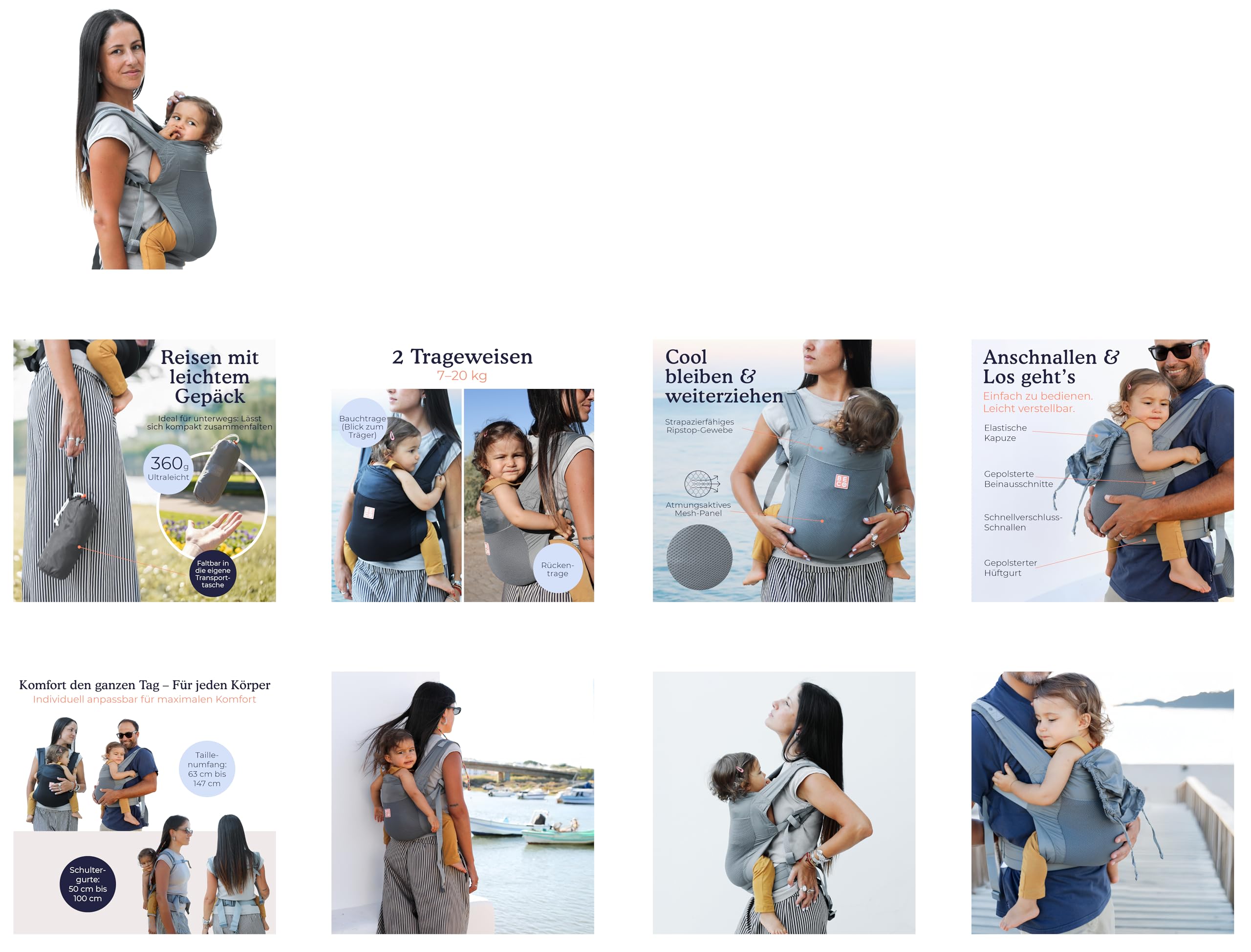 Beco Fly Ultralite Babytrage & Kindertrage – Kompakt, Faltbar & Leicht – Inkl. Transporttasche, Bauch- & Rückentrage, Ergonomische M-Position (7–20 kg) - Grau