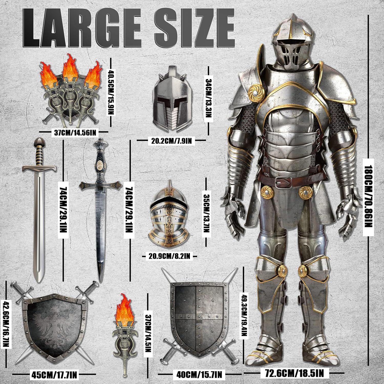 30 Pieces Medieval Party Decorations 6 Feet Jointed Suit of Armor Knight Cut Out Torch Props Medieval Shield Photo Prop for Birthday Halloween Medieval Renaissance Knight Castle Party Wall Decoration