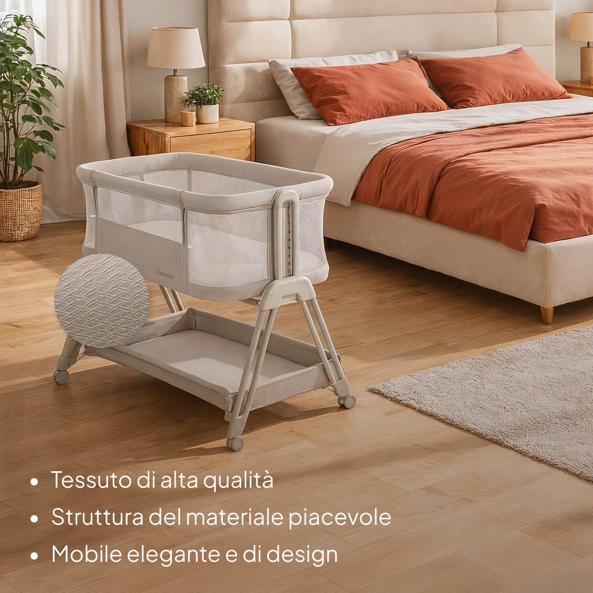 lionelo LUNA lettino portatile con materasso, co-sleeping, da neonato a 9kg, altezza e inclinazione regolabili, 4 ruote con blocco, fissaggio al letto dei genitori, arioso lettino da affiancare
