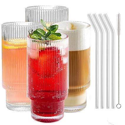 LDIWEE Ribbed Glassware Set of 4 Vintage Glass Cups 12oz with Straws, Cocktail Drinking Glasses Fluted Whiskey Glasses, Origami Style Ice Coffee Glass Cup