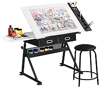 Yaheetech Adjustable Height White Drafting Table & Stool Set - Tilting Art Desk with Storage Drawers, 47.5" Large Top, 0-60° Angle for Drawing & Crafts