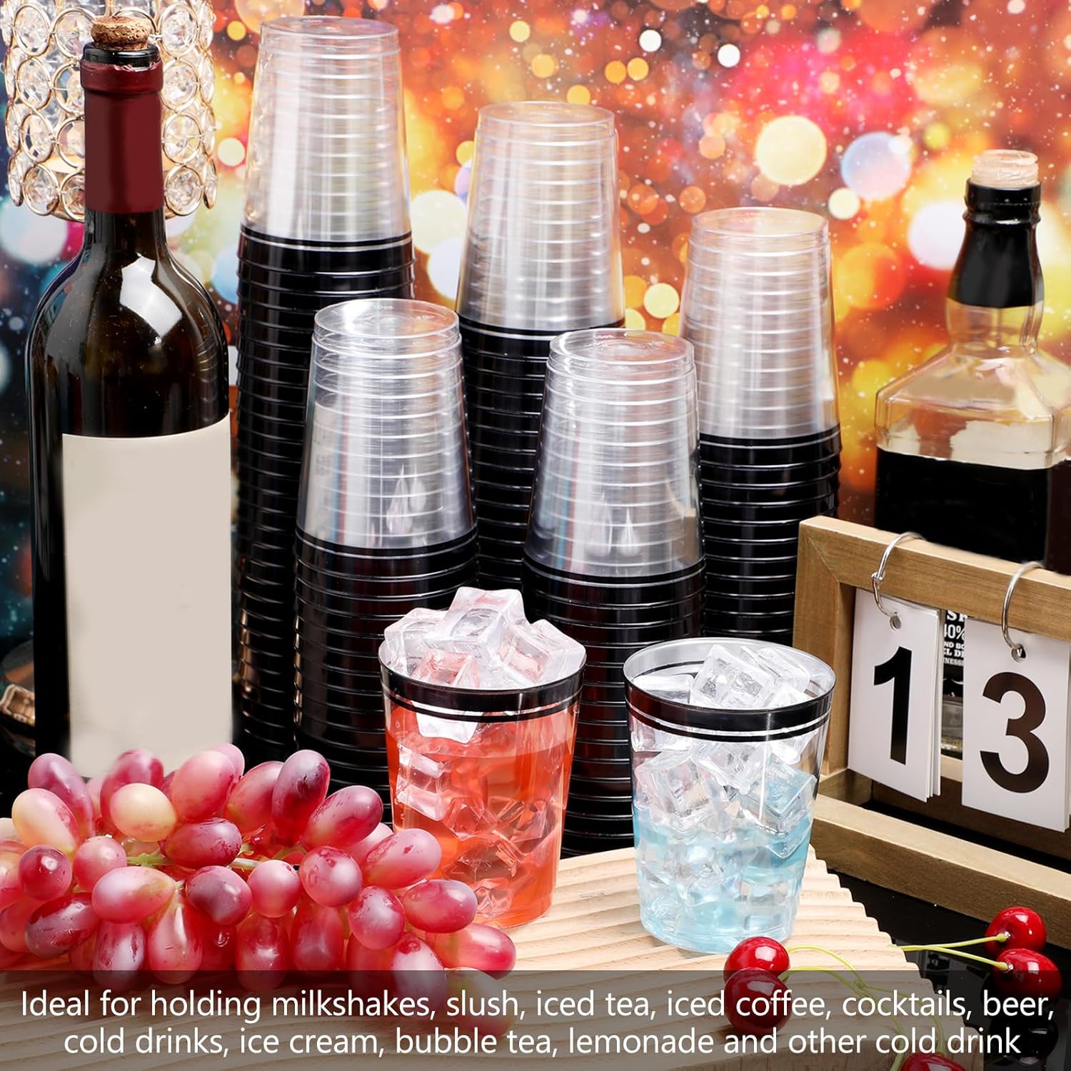 Zubebe 100 Pcs 10 oz Black Plastic Cups for Party Disposable Clear Champagne Glasses Tumblers Double Rimmed Drinking Cups Christmas Halloween Mardi Gras Birthday Wedding Graduation Wine Coffee