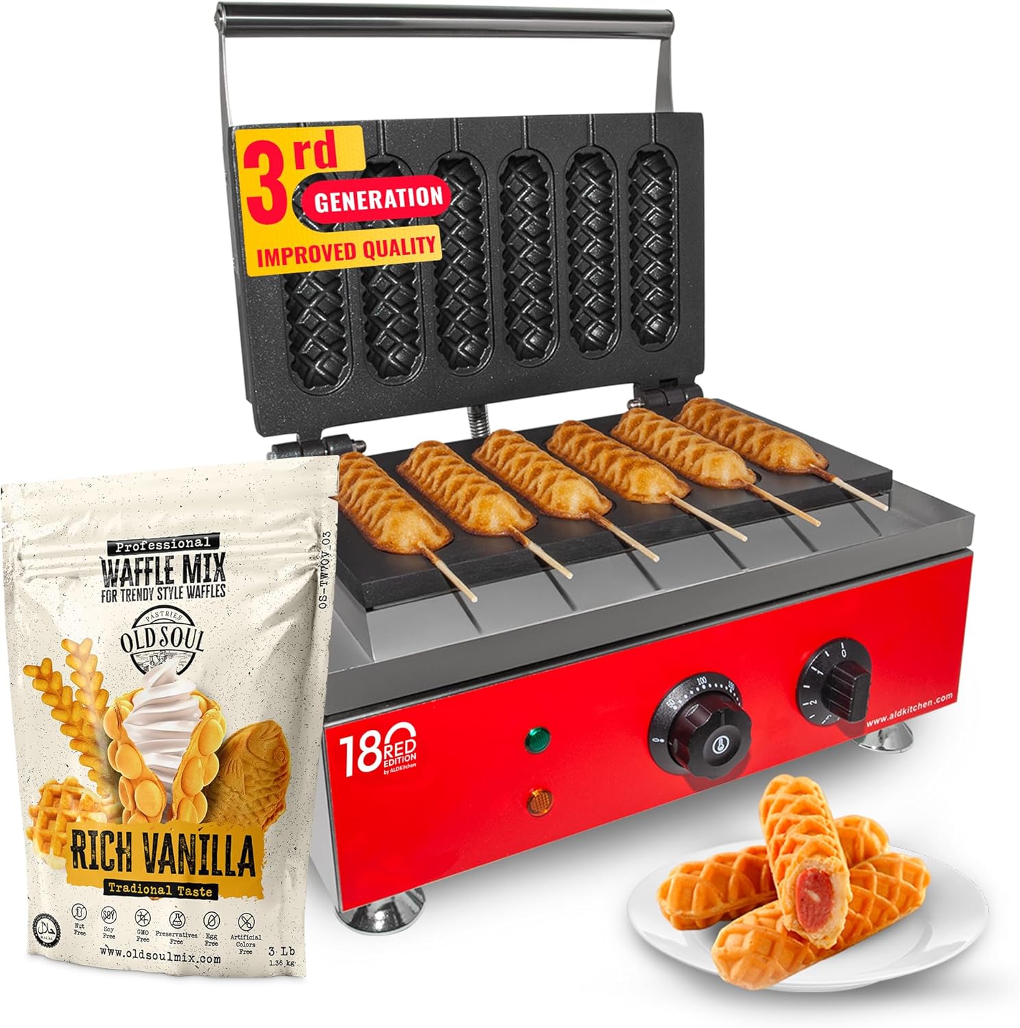 ALDKitchen Hotdog Waffle Maker | Waffle Iron for Corn Dogs | Stainless Steel | 6 Waffles on a Stick | 110V (6 Waffles)