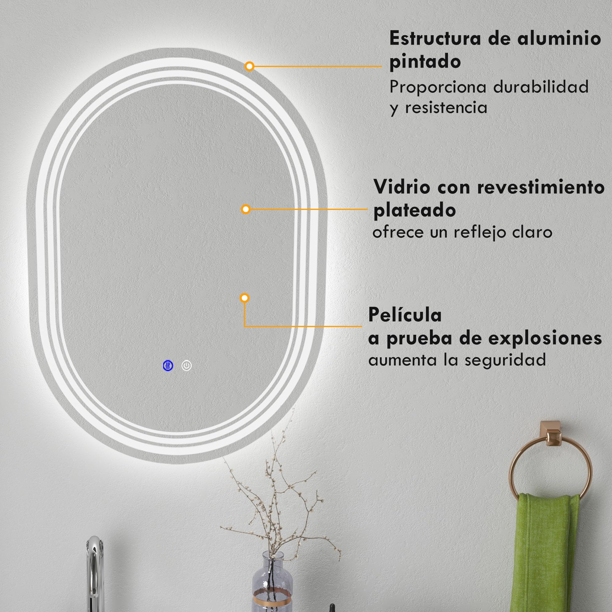 kleankin Espejo Baño con Luz 70x50 cm Antivaho IP44 Horizontal/Vertical