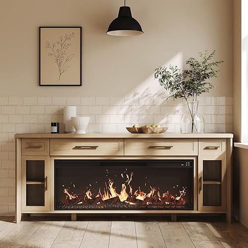 BELLEZE 74 Inch Rustic TV Stand with 48" Electric Fireplace, Extra Large Entertainment Center with Storage Cabinets & 4 Drawers, Media Console Table for Living Room Bedroom (Camel)