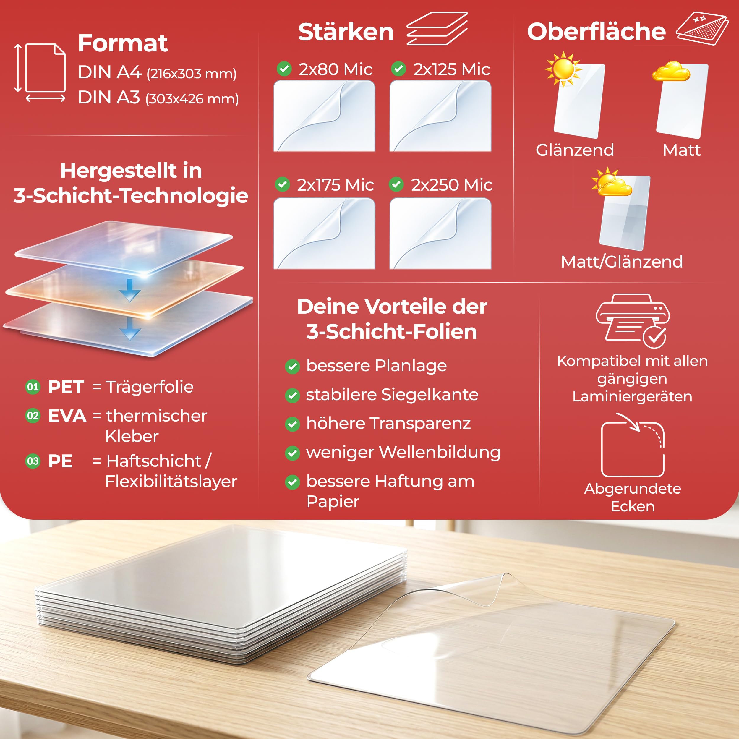 XLam Laminierfolien A4-2 x 125 Mic - matt - 100 Stück - PREMIUMQUALITÄT FÜR PERFEKTE LAMINIERERGEBNISSE