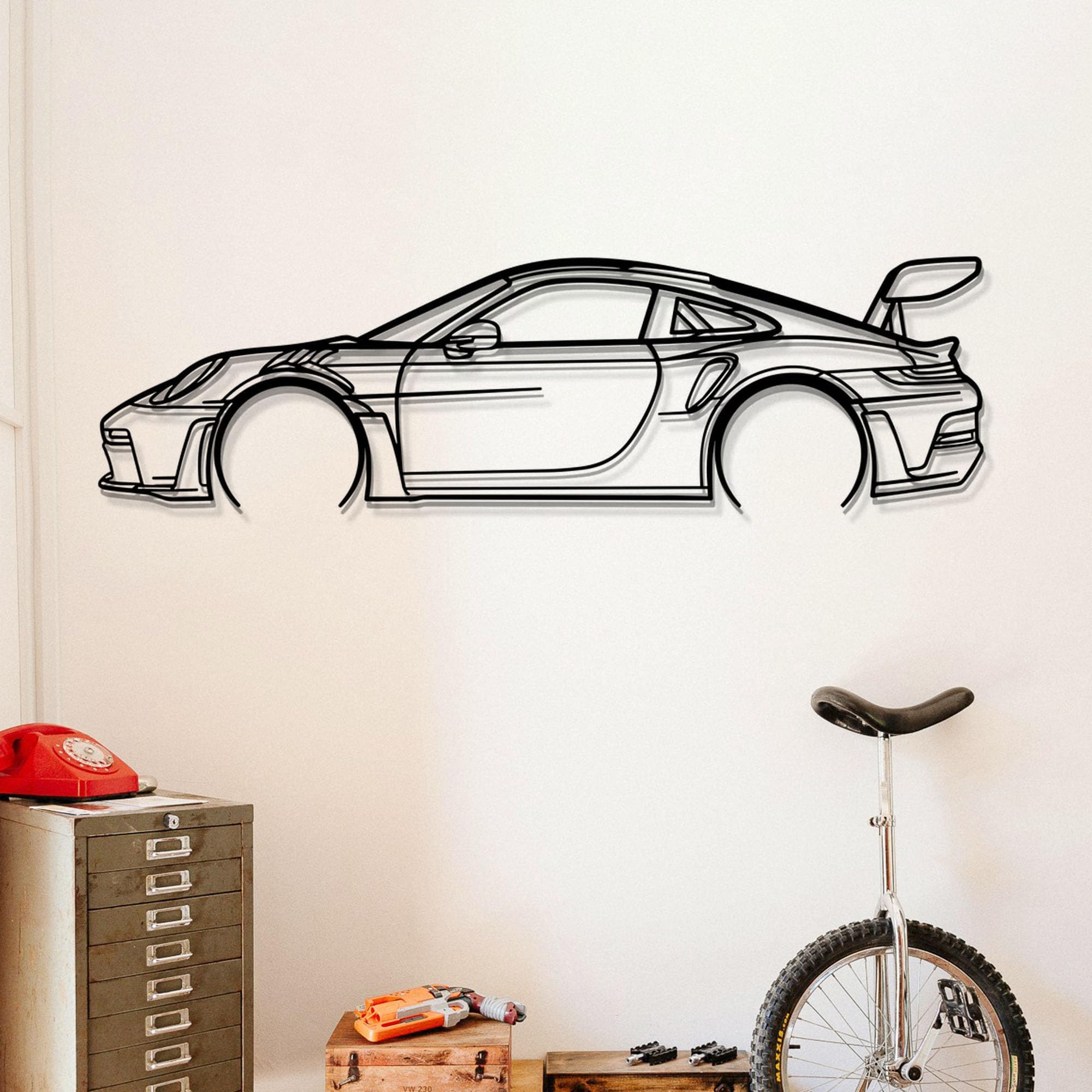– Dekory Car Wall Art – 911 GT3 RS (992) Black Metal Sports Car Silhouette - Minimalist Industrial Style Silhouette - Small Wall Decor for Garage, Office or Bedroom - XS - 40 CM