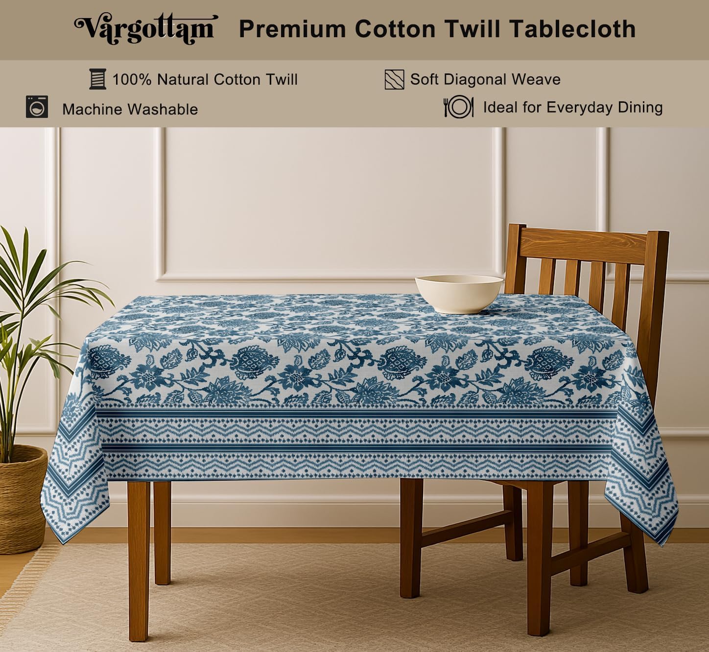 Floral Print Tablecloth - White Cotton Twill Fabric, 54x54 Inch Square Dining Table Cover for 4 Seater, Durable, Machine Washable, Everyday Dining, Matching Napkins & Runners Available