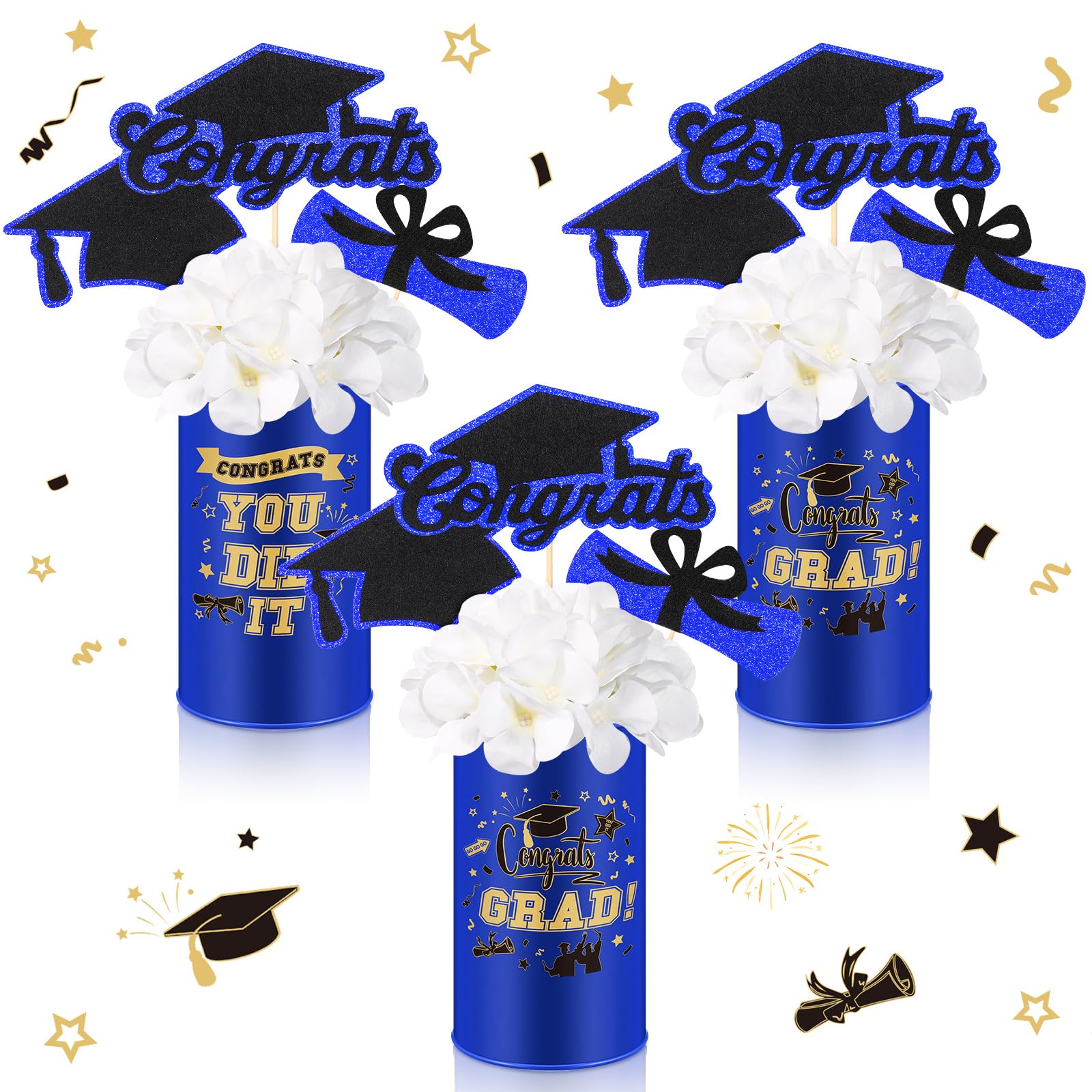 Domensi 3 Sets Graduation Table Centerpiece Decorations Class of 2025 Includes 3 Silk Artificial Flower 9 Congrats Grad Sticks Picks Toppers 3 Metal