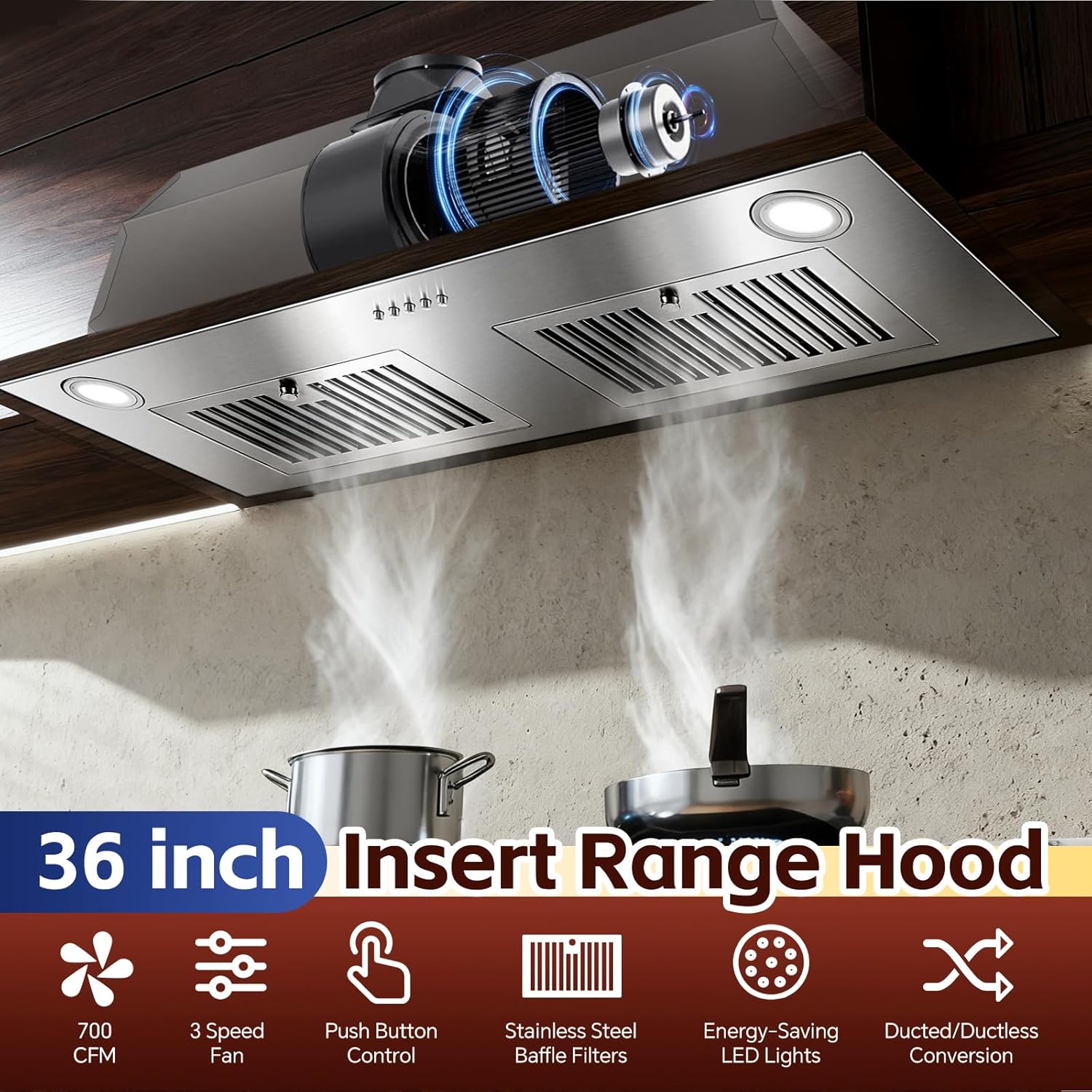 Range Hood Insert 36 inch, Stainless Steel Range Hood 700 CFM, Ductless/Ducted Convertible Kitchen Vent Hood w/Push Button Control, 3-Speed Fan