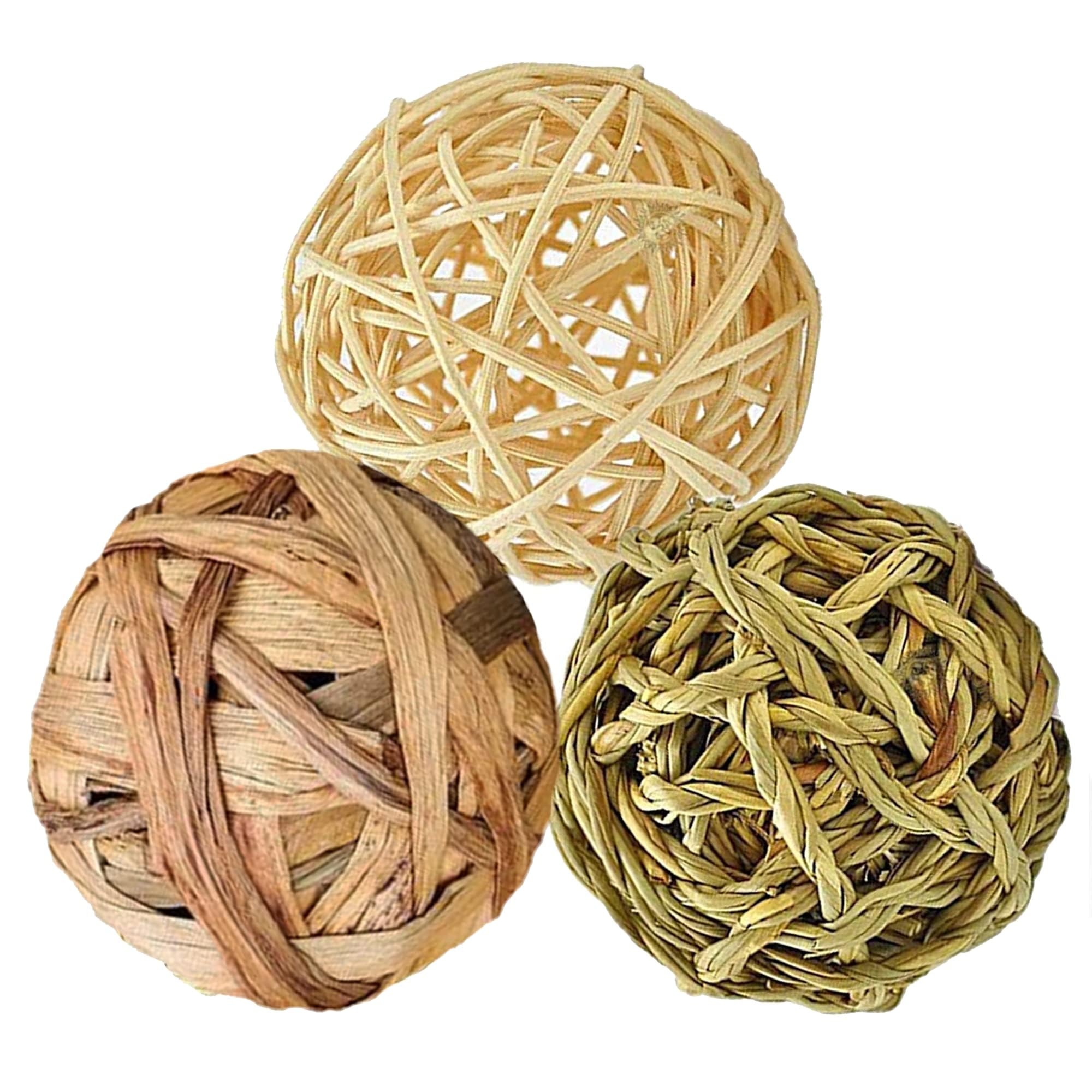 SunGrow 3 Pack Rabbit Chew Ball, Assorted Grass Teething Toy for Small Pocket Pet, Dental Wear Support, Boredom Relief Activity, Safe Woven Treat Enrichment for Bunny Guinea Pig Hamster Rat