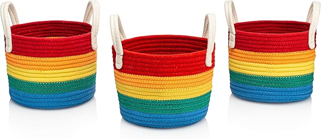 Luv Color Rainbow Decor Cotton Woven Storage Basket Set Perfect for Rainbow Nursery Decor Playroom Kids Bedroom Bathroom or Classroom - Great for Organizing Toys Art Supplies Clothes: (Set of 3)