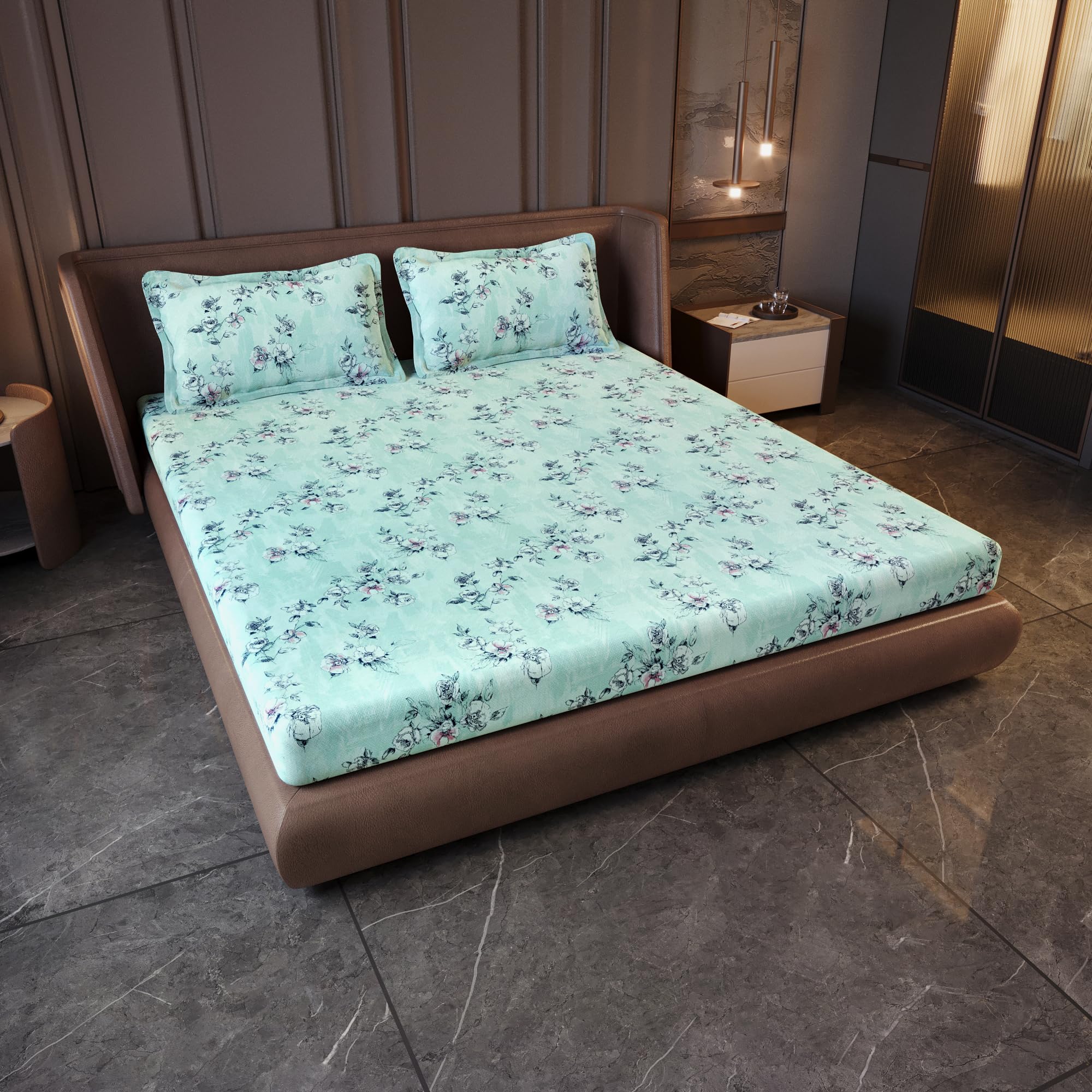 Divine Casa 100% Cotton King Size Bedsheet with 2 Pillow Covers | Soft Skin Friendly Breathable Bed Sheet Set for King Size Bed | Printed Bedding for Bedroom | 270 x 270 cm (Mint Green, Floral)
