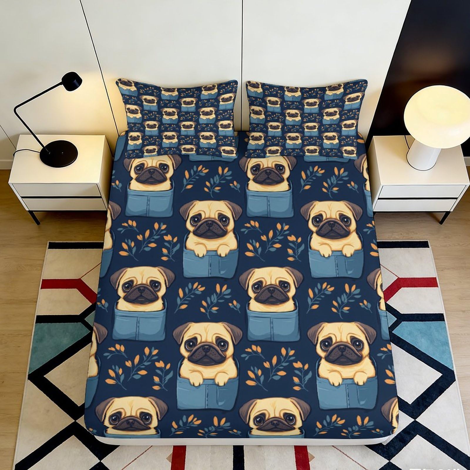 3D Printed Pug Dog Fitted Sheet Microfiber Soft Blue Cartoon Pattern Bed Cover for Bedroom Guest Room Easy Care Decor 90x200x25cm