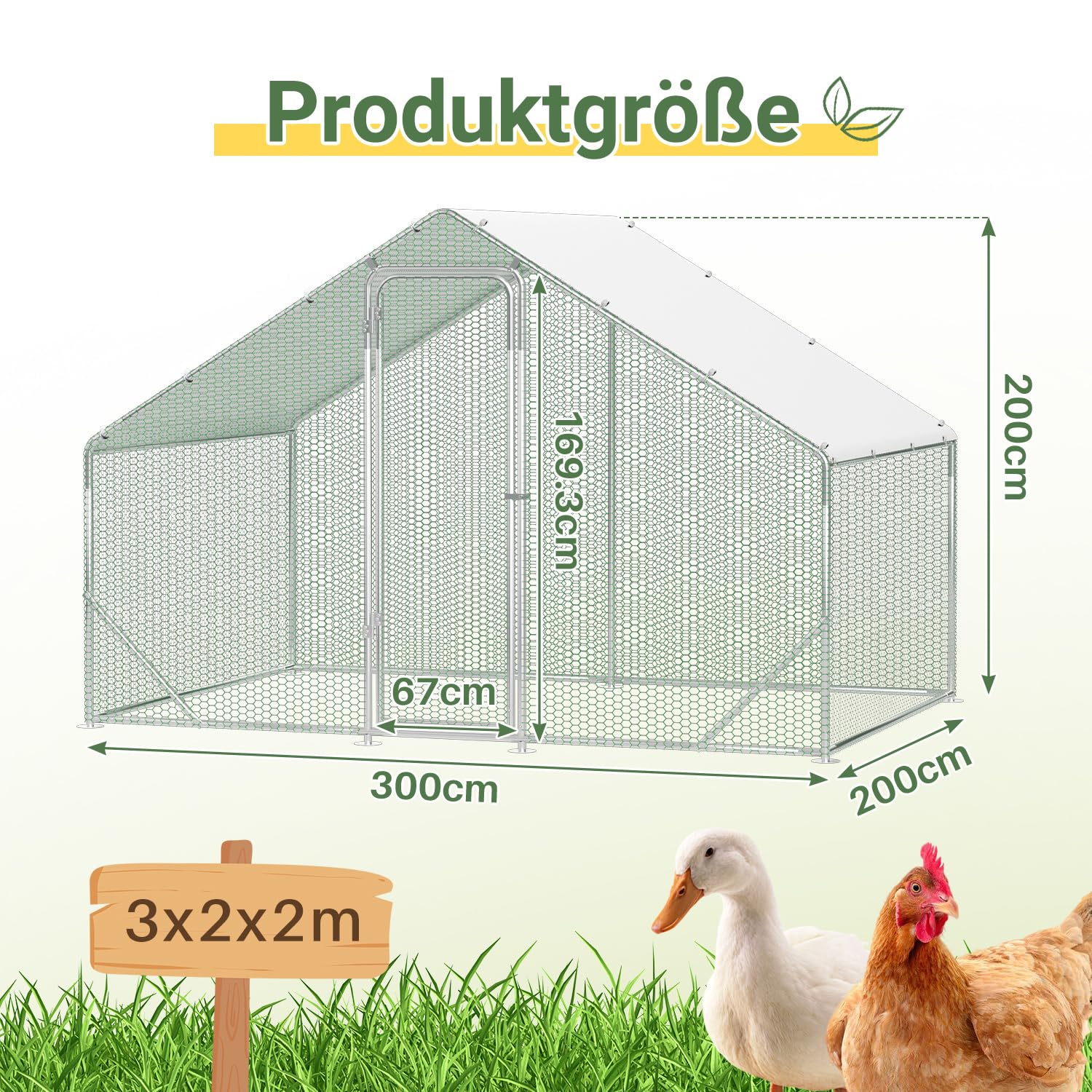 Hühnerstall Freilaufgehege, 3x2x2m mit Sicherheitsschloss und Wasserdichtes PE-Farbtuch, Schnell zu reinigen, Freigehege für Hühner,Vogelkäfig, Kleintiere & Pflanzen