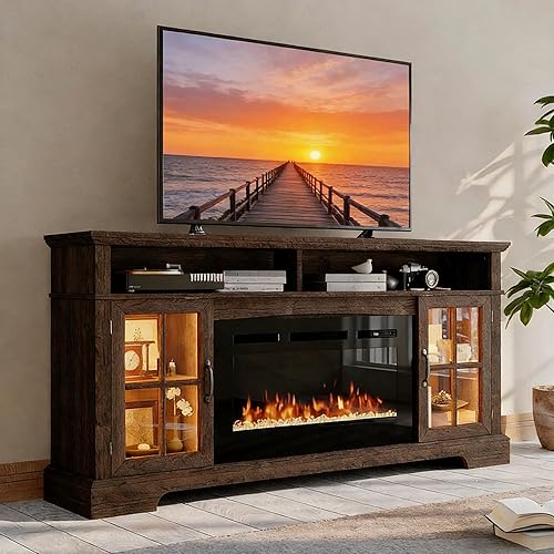 70" Fireplace TV Stand, Farmhouse Entertainment Center for TVs Up to 80”, TV Console with Storage Cabinets, Media Console for Living Room, Brown TV Stand and Black Fireplace