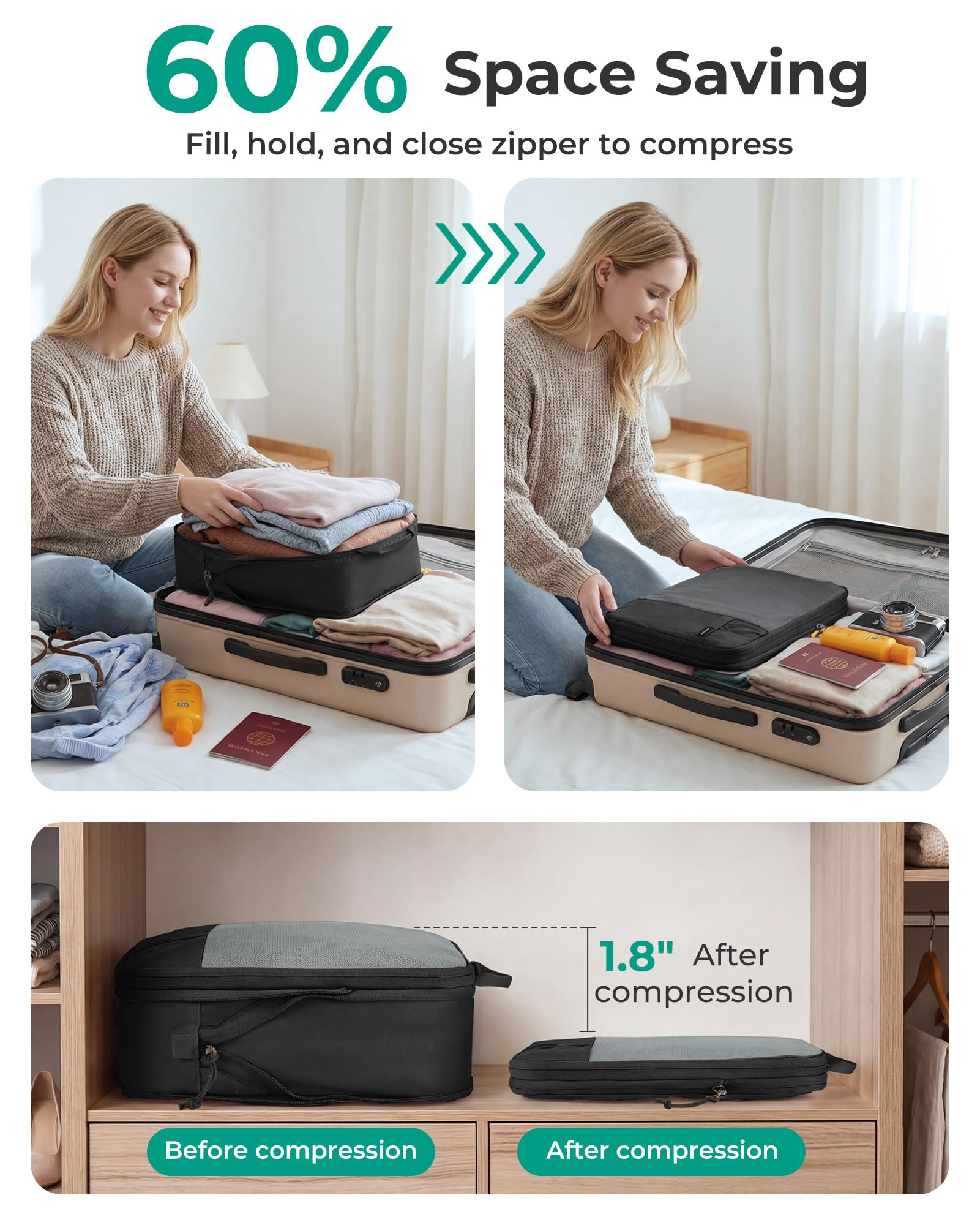 Bagsmart Packwürfel, 6er-Set Pack-Organizer für Reisen, erweiterbarer Gepäck-Organizer mit Kompression, Transparente Taschen, Netzoberteil, Freundlicher Reißverschluss und Griff, Schwarz