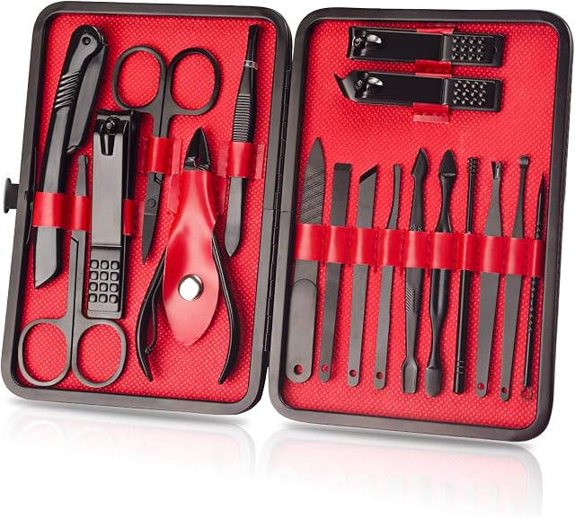OWill Manicure Set, 18pcs Nail Clippers Pedicure Kit Nail Care Kit Manicure Professional Tools Gift For Men Women Friends and Parents (Black & Red)