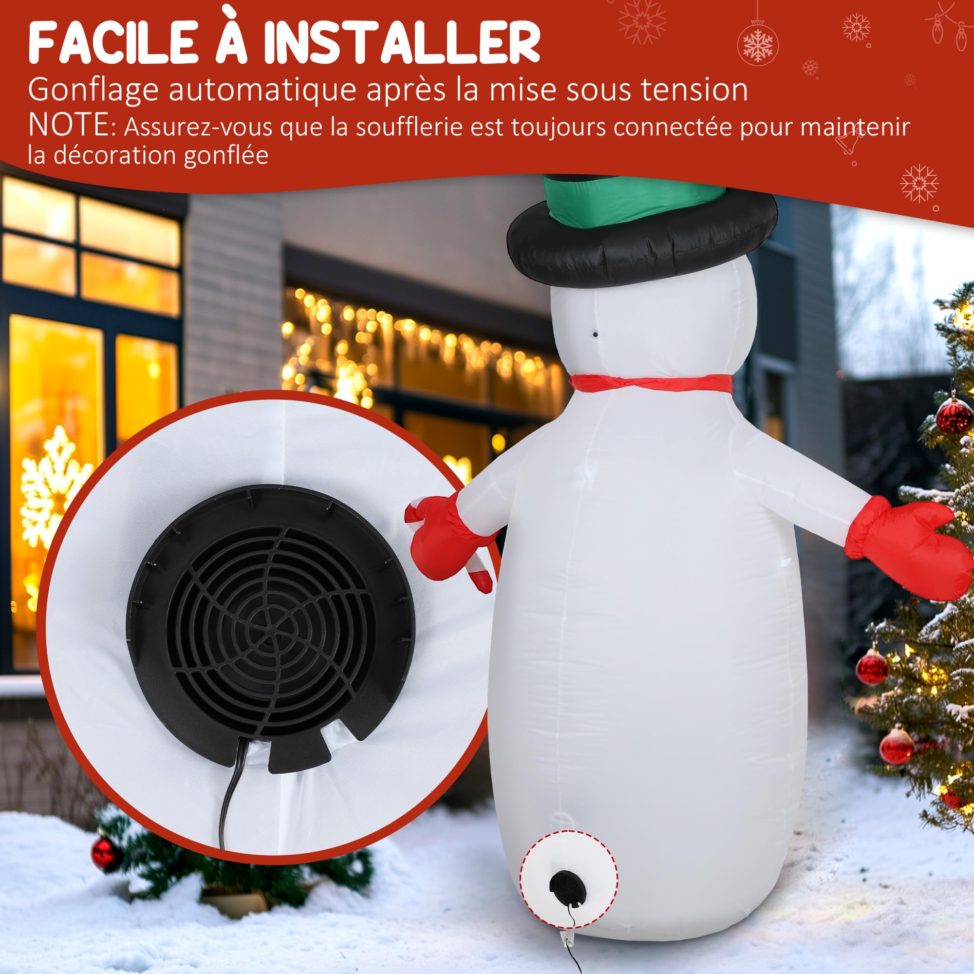 Outsunny Bonhomme de Neige Gonflable de Noël de 240 cm, Lumières LED