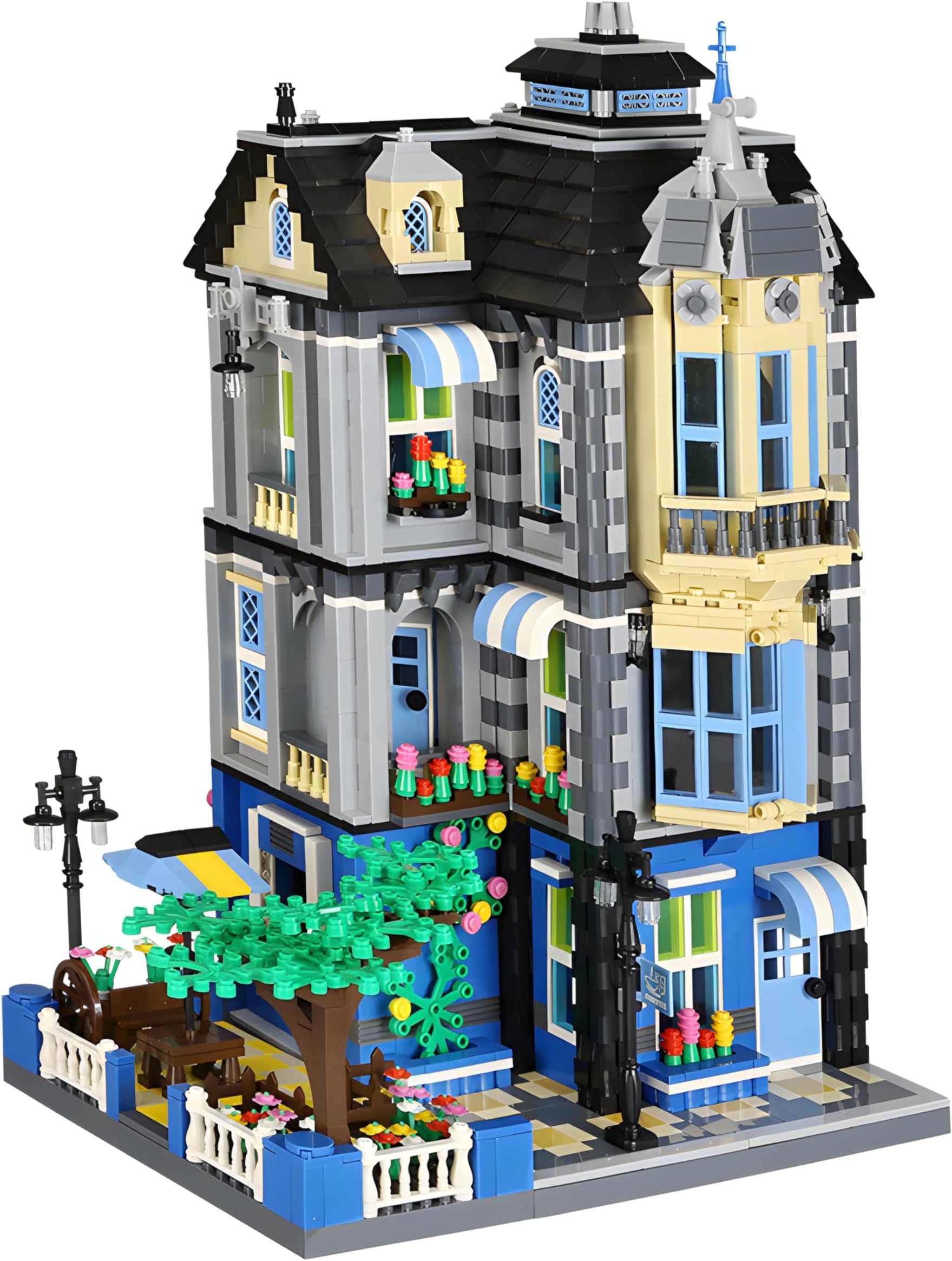 Victorian Townhouse & Garden Coffee Shop Building Block Set, 2313 Pieces, 3-Story Modular City Building Model, Blue and Yellow Construction Set