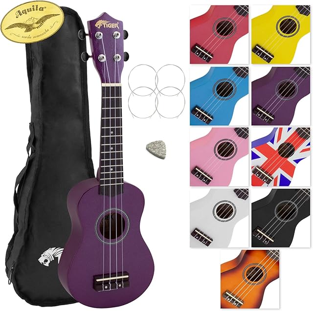 TIGER UKE7-PP Soprano Ukulele for Beginners includes Gig Bag, Felt Pick, Spare Set of Strings Now Equipped with Aquila Strings Purple
