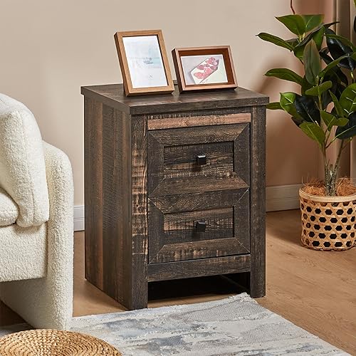 Miniatura 4 de AMERLIFE Juego de 2 mesitas de noche con estación de carga, mesita de noche rústica con cajones, mesita de noche de madera de granja para