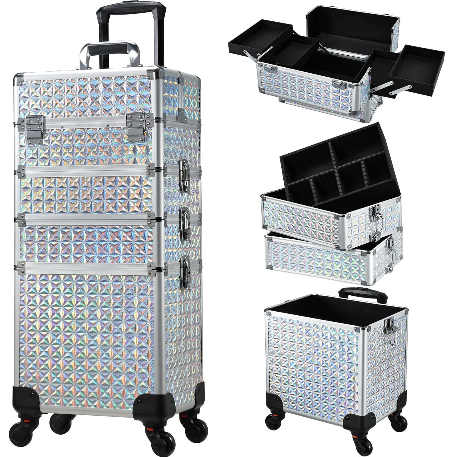 Stagiant Rolling Makeup Case Cosmetology Case on Wheels 4 in 1 Large Cosmetic Organizer Train Case Makeup Travel Case with Key Nail Artist Salon