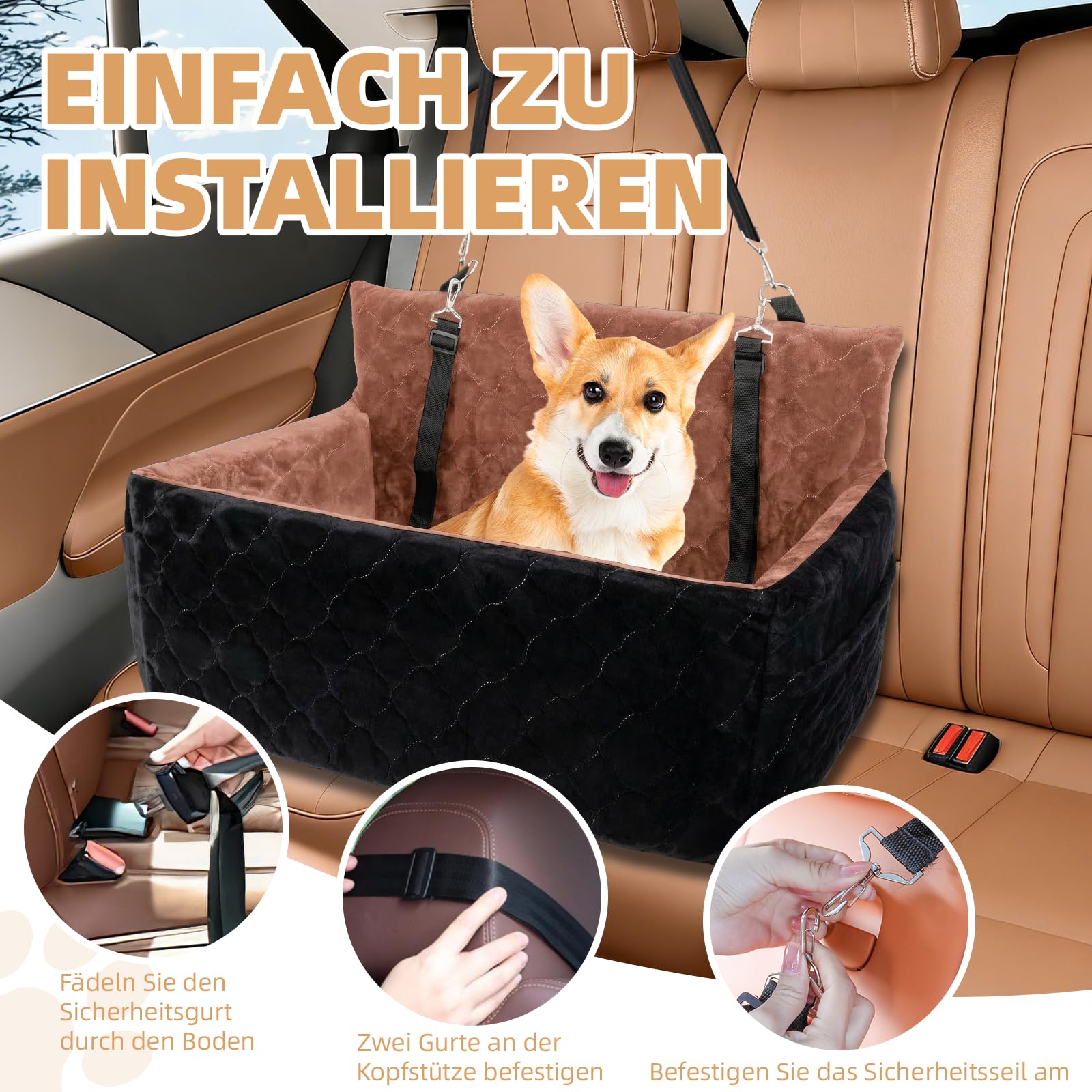 Hunde Autositz für mittlerer große Hunde, Abnehmbarer Hundesitz Auto bis zu 25kg mit 2 Sicherheitsleinen, Waschbarer Hundebett Auto für den Rücksitz,Braun+schwarz
