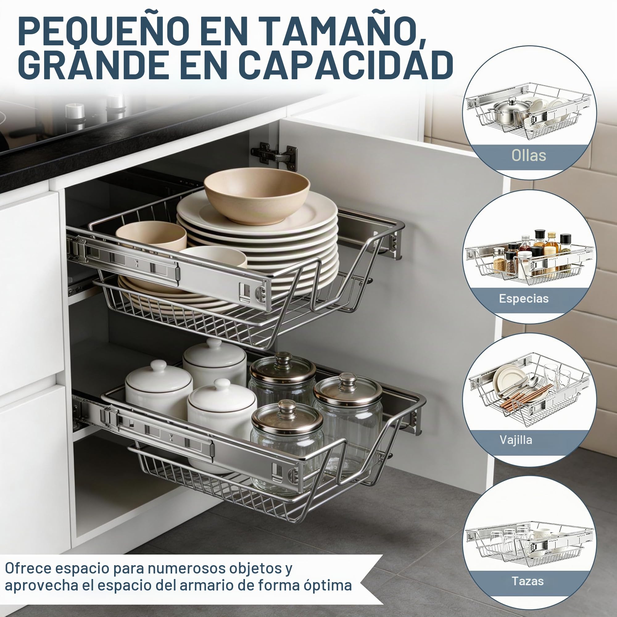 NAIZY 2 cajones telescópicos de 30 cm de ancho, para cocina, color plateado, estantes de acero inoxidable macizo, para armarios de cocina (27 cm de ancho, 2 unidades)