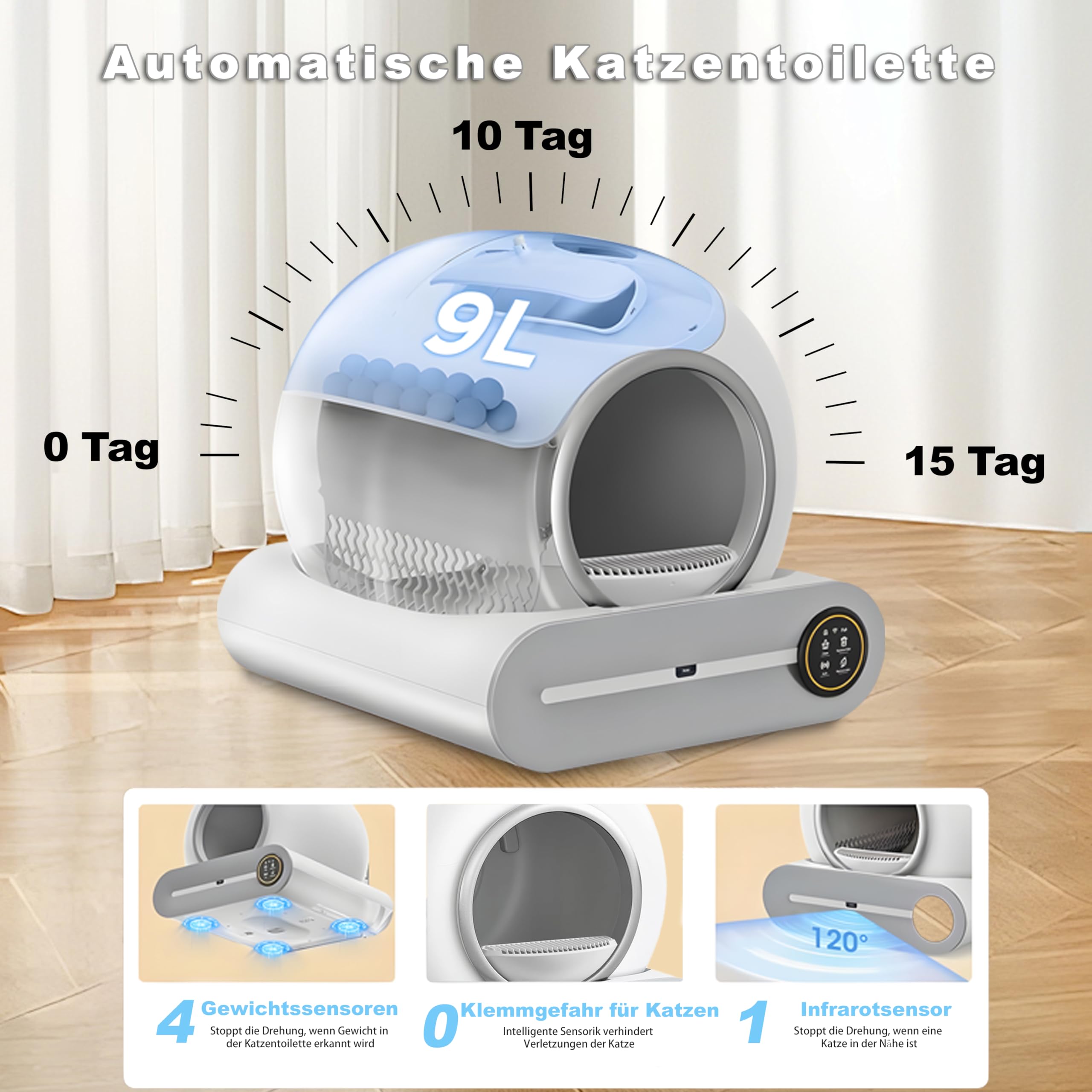 Selbstreinigende Katzentoilette, 65L+9L Selbstreinigende Toilette mit 5 Rollen Müllsäcken und 1 Fußmatten, Automatische Elektrisches Katzenklo, App Steuerung für Mehrere Katzen