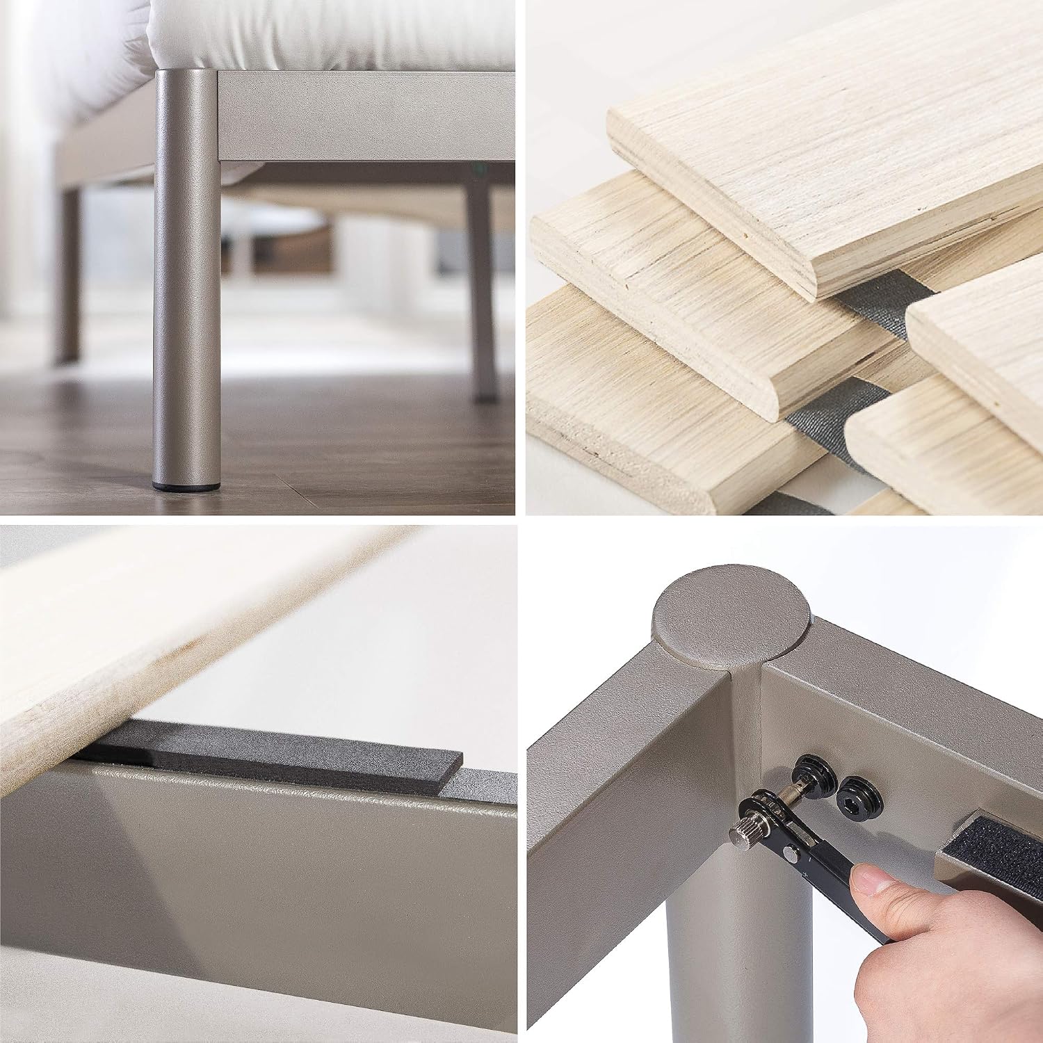 Close-up of ZINUS bed frame components, including metal legs, wooden slats, and assembly tool