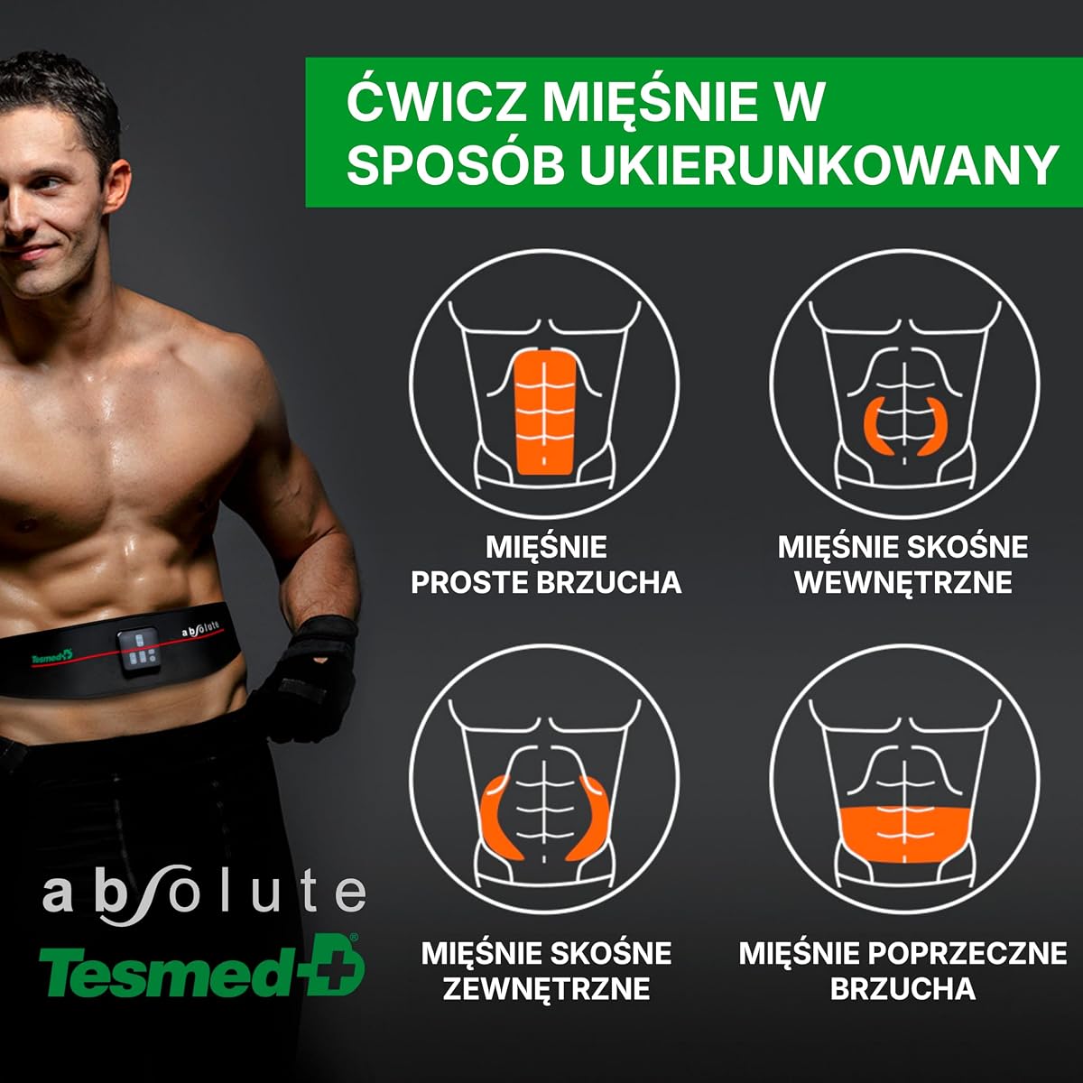 TESMED Absolute Pas do Elektrostymulacji Brzucha, 99 Poziomów | Bezprzewodowy, unisex i ładowany przez USB do centralnyc