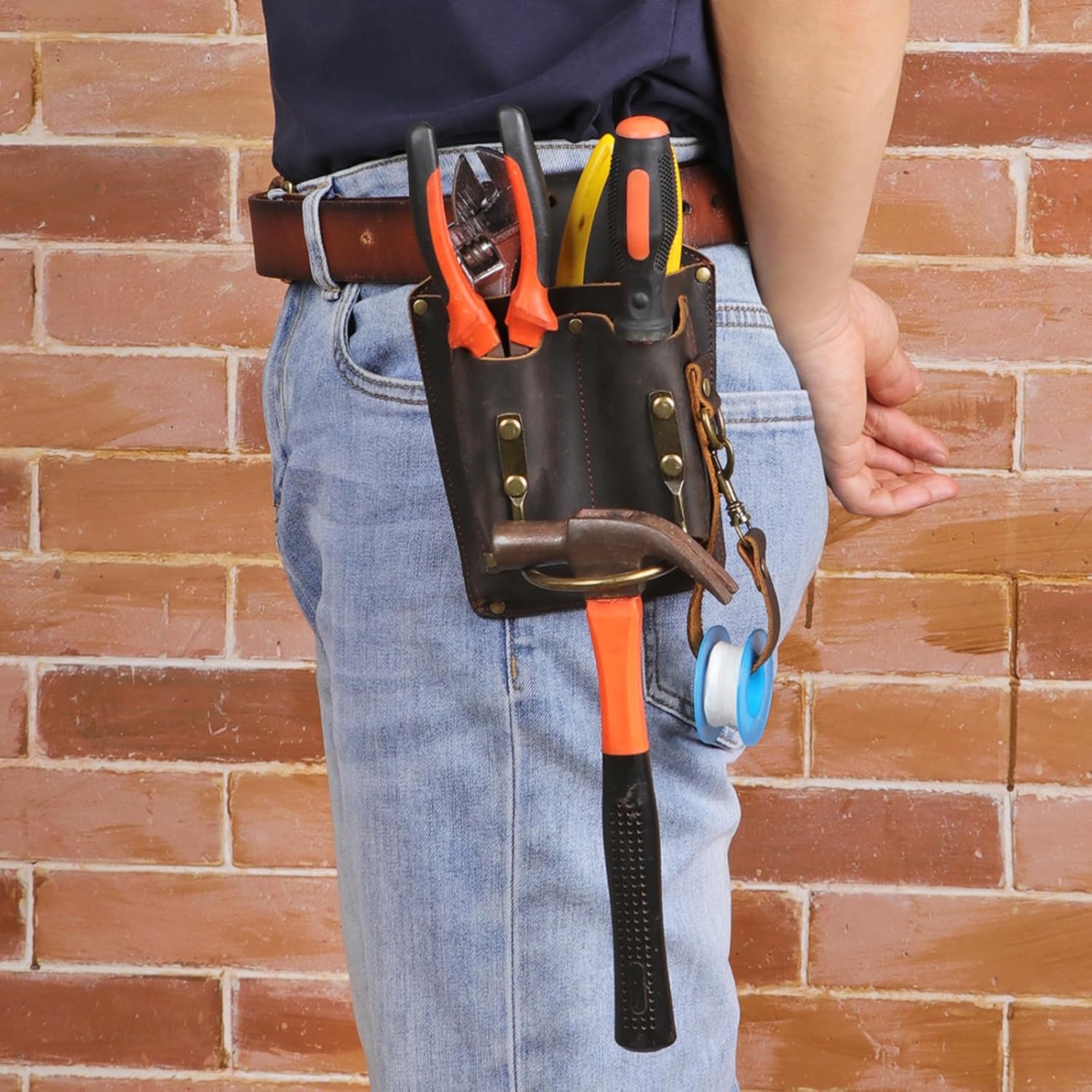 Tourbon Leather Tool Pouch Electrician Holster Tape Thong 2.7 Inch Tunnel Loop for Belt Multipurpose Maintenance 3 Pockets with Hammer Holder