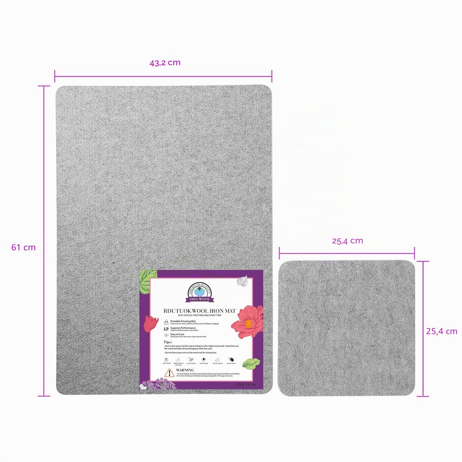 43,2 x 61 cm Woll-Pressmatte zum Quilten, große Größe und 25,4 x 25,4 cm, tragbare Größe, 100 % Wolle, Bügelunterlage mit Schere, Klebeband, Filz-Aufbewahrungstasche und 40 Nähnadeln