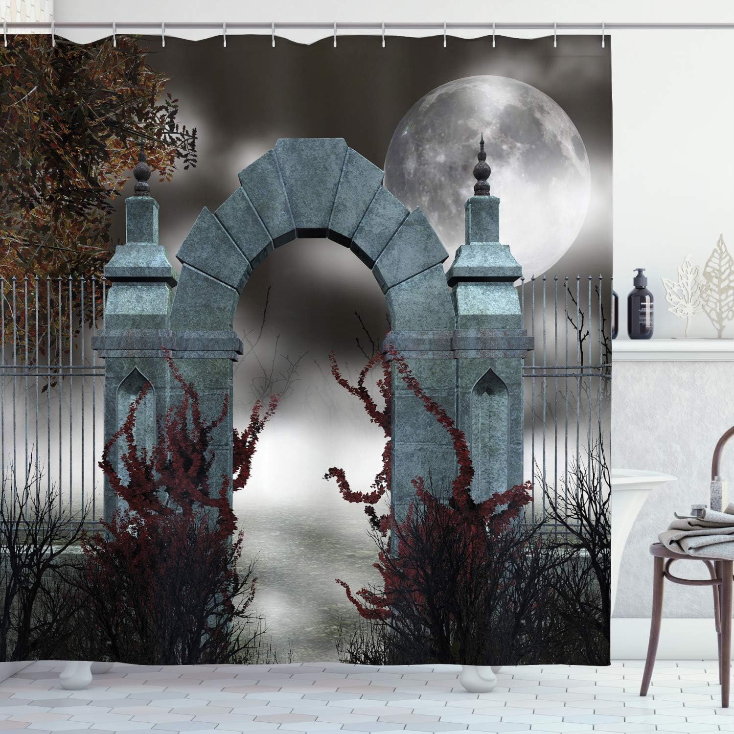 Ambesonne Gothic Shower Curtain, Scary Medieval Middle Age Stone Door with Fog Moon and Ivy Dark Night Theme Art, Cloth Fabric Bathroom Decor Set with Hooks, 69" W x 70" L, Grey Red