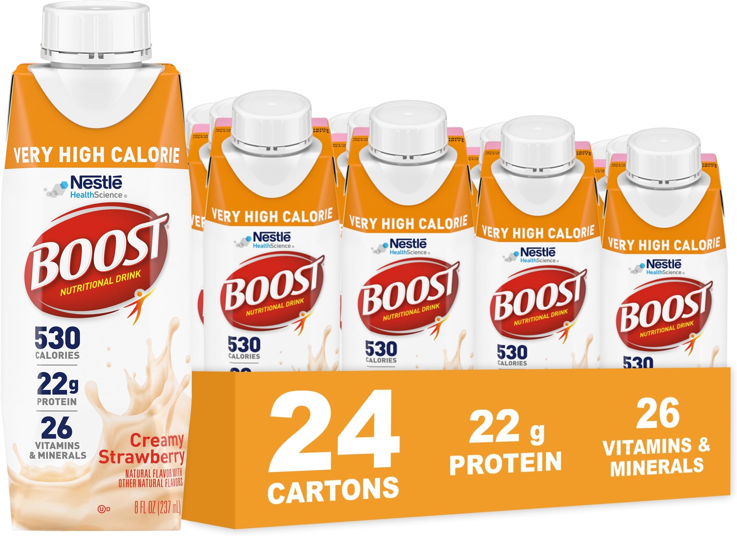 BOOST Very High Calorie Nutritional Drink, Creamy Strawberry, 8 Fl Oz (Pack of 24)